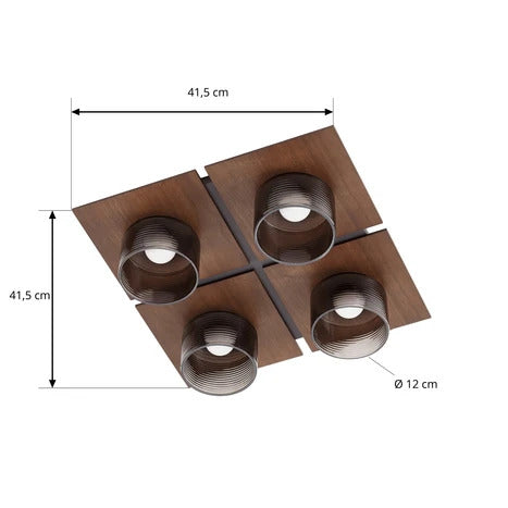 Lucande Deckenleuchte LED Lampe eckig 42cm walnuss rauchgrau Glas 30W 920lm - 4255830911156