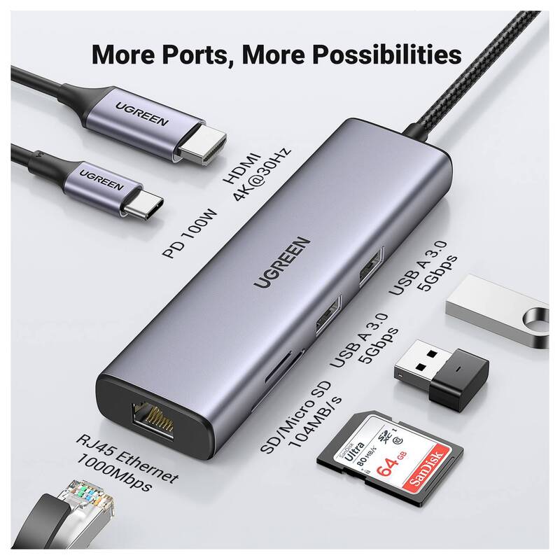 UGREEN USB-C Dockingstation 7-in-1 Hub HDMI 4K Ladefunktion grau Universal - 6957303895687