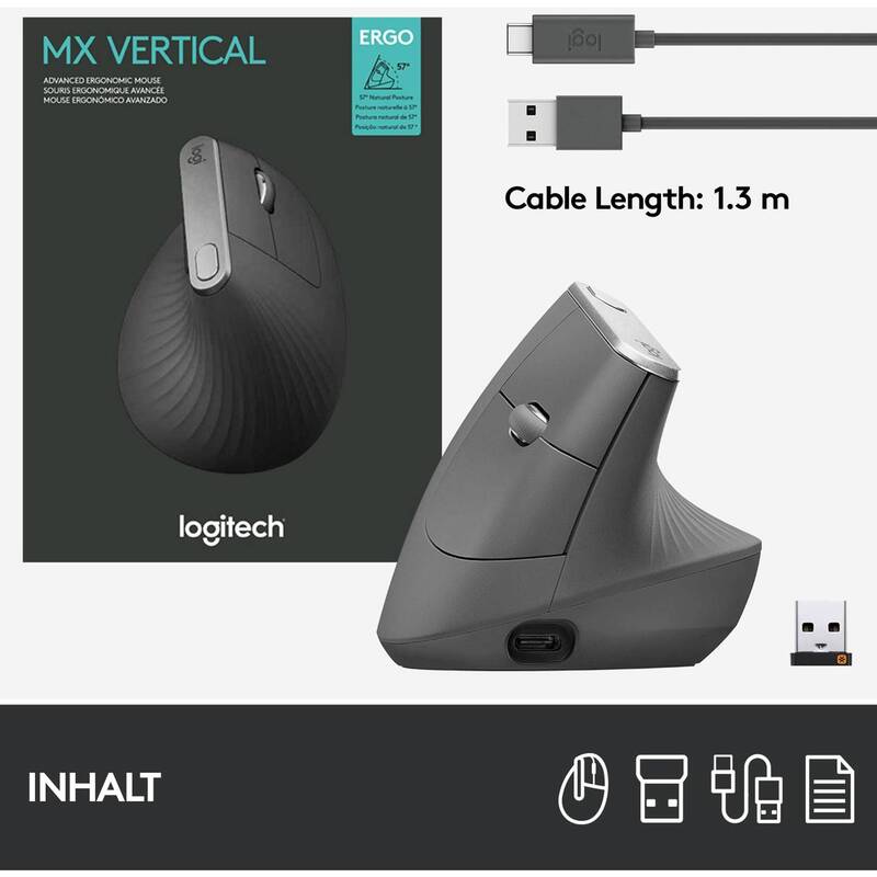 Logitech Ergonomische Maus MX Vertical Bluetooth Schwarz Silber 4 Tasten 4000dpi - 5099206081901