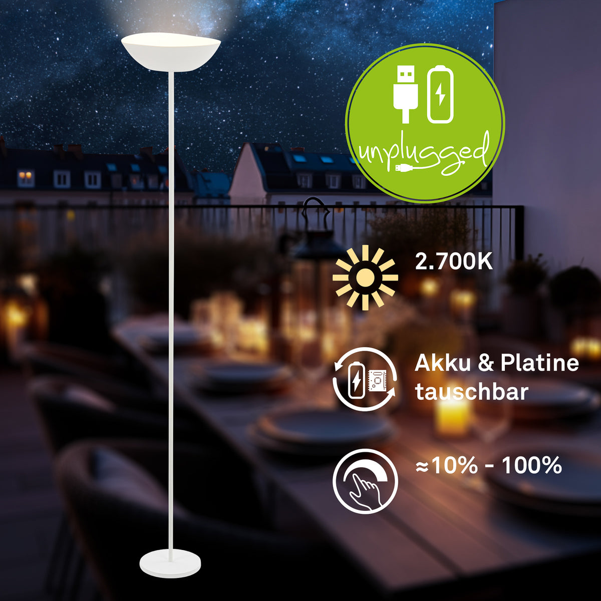 Briloner LED-Akku-Stehleuchte Estate Standleuchte Touchdimmer USB-Kabel weiß - 4002707460077