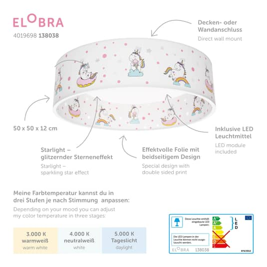 B-Ware Elobra Led Deckenlampe Deckenlampe Lampe Leuchte Einhorn Babsy Starlight 14 W - 4019698138083
