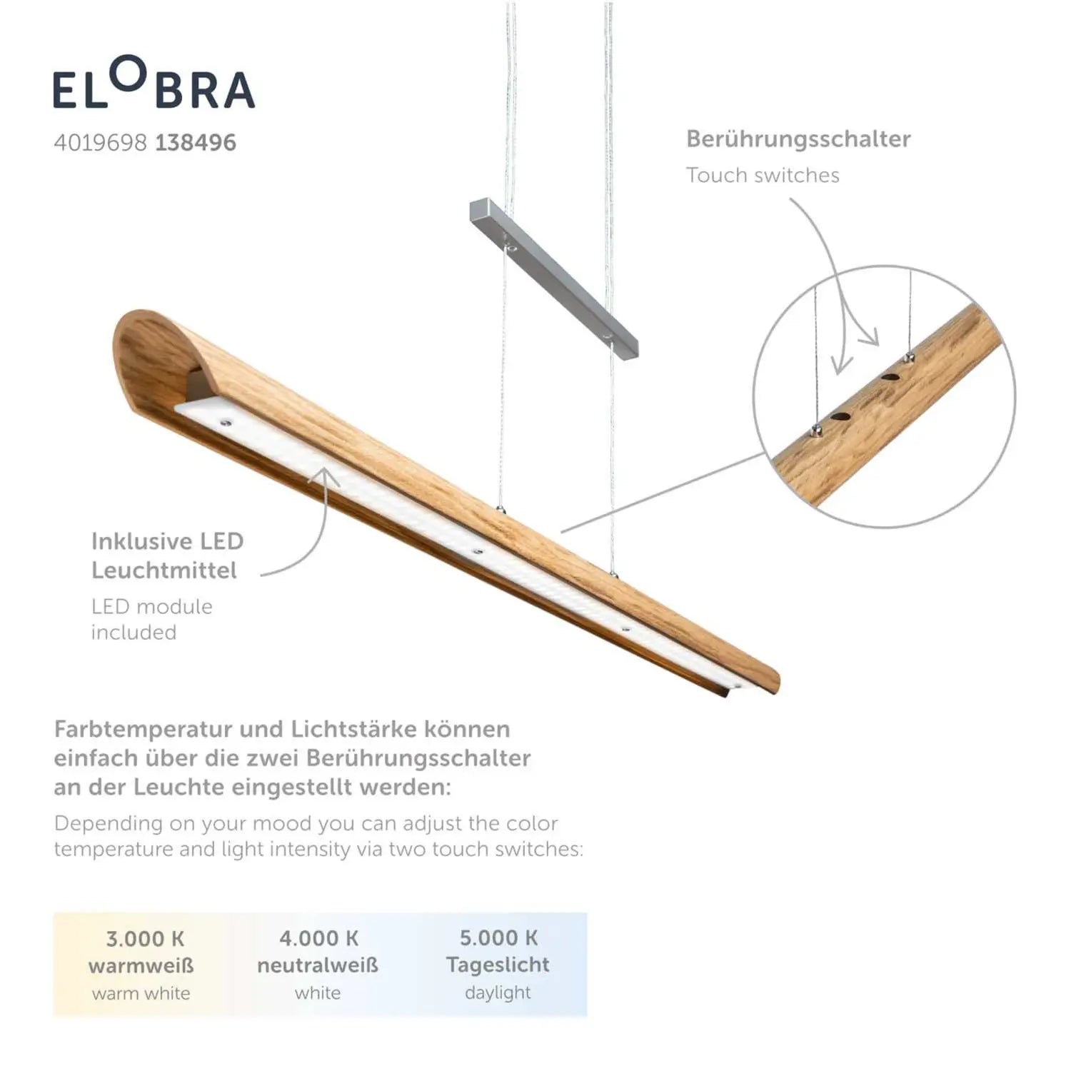 B-Ware Elobra Led Pendelleuchte Colombia S Hängeleuchte Deckenlampe Leuchte Eiche Natur - 4019698138496