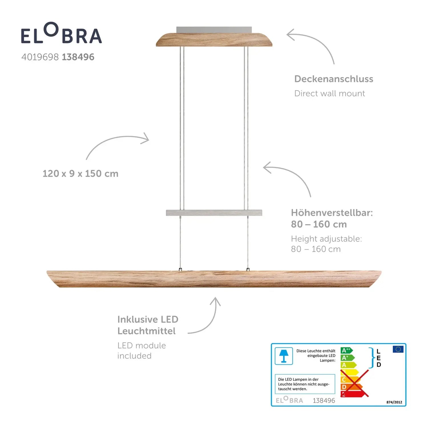 B-Ware Elobra Led Pendelleuchte Colombia S Hängeleuchte Deckenlampe Leuchte Eiche Natur - 4019698138496