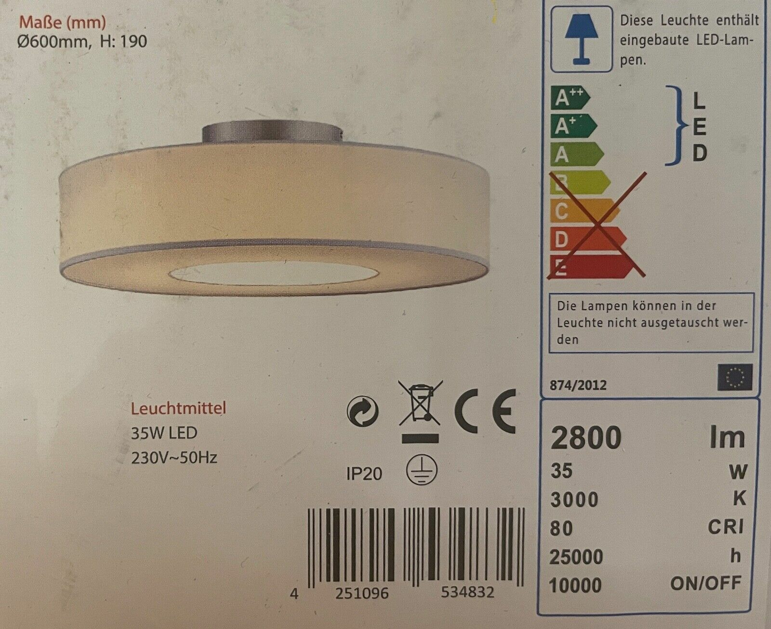 B-Ware Lampenwelt Led Stoffdeckenlampe Ragnar Weiß Deckenlampe Deckenlampe Lampe ø 60 - 4251096534832