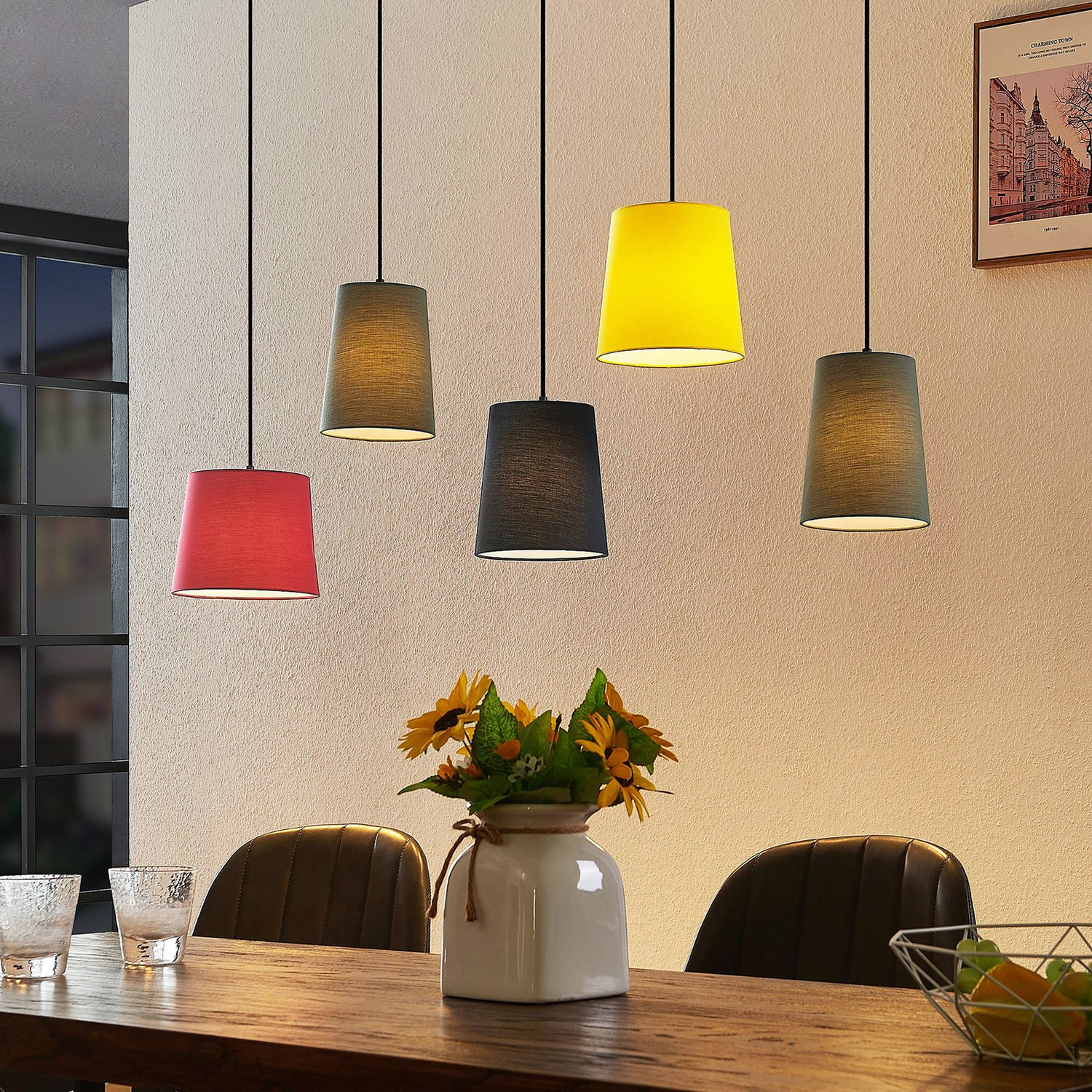B-Ware Lindby Amilia Hängeleuchte Hängelampe Lampe Leuchte 5 Fl. E27 Holz Eisen Bunt