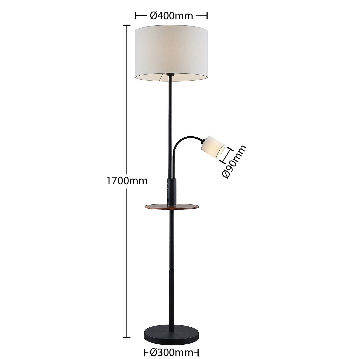 Lampadaire Lindby Aovan de seconde qualité, lampe sur pied, éclairage, étagère et port USB, noir 210