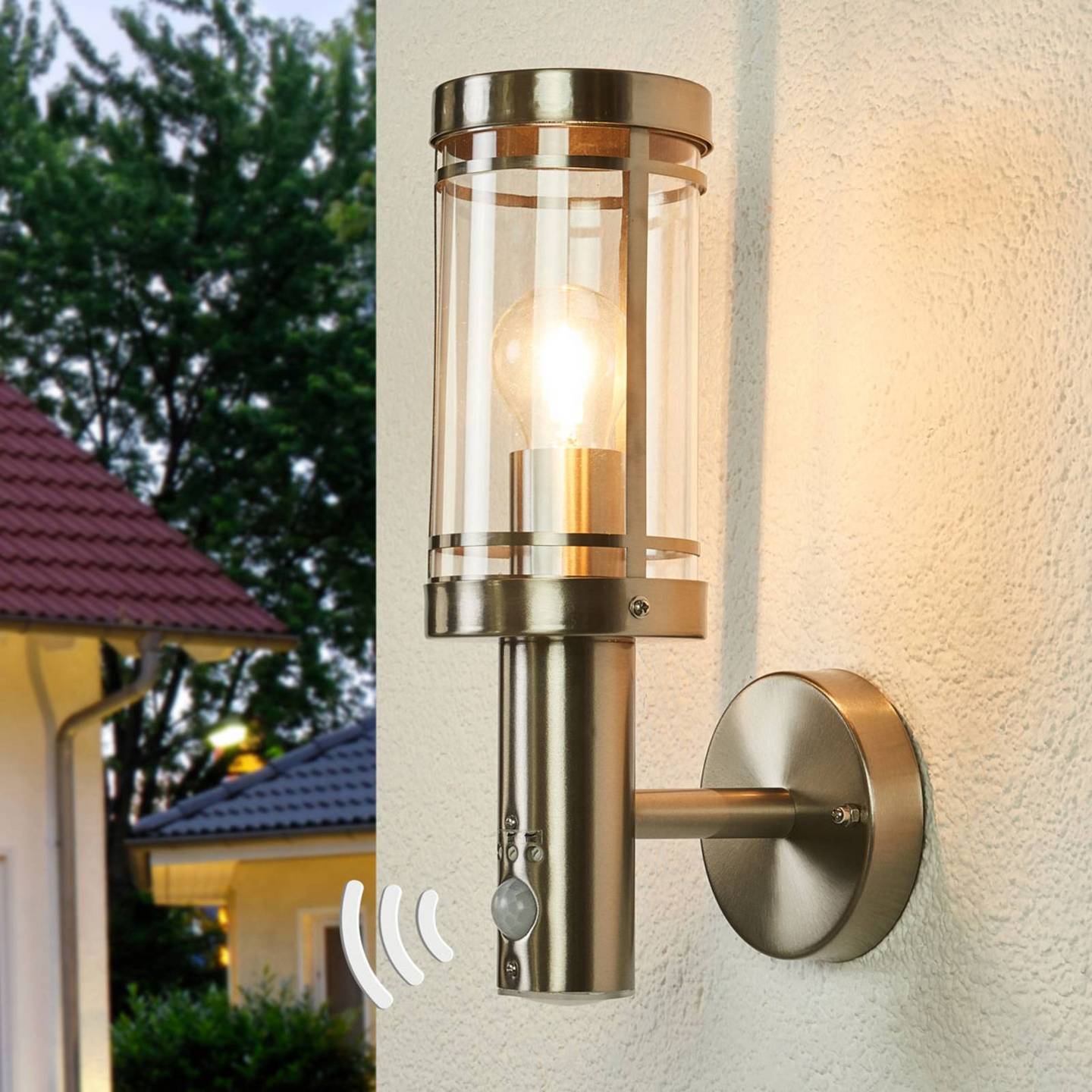 Lindby Außenwandleuchte Djori Außenlampe Lampe Leuchte E27 Edelstahl mit Sensor - 4260649283455