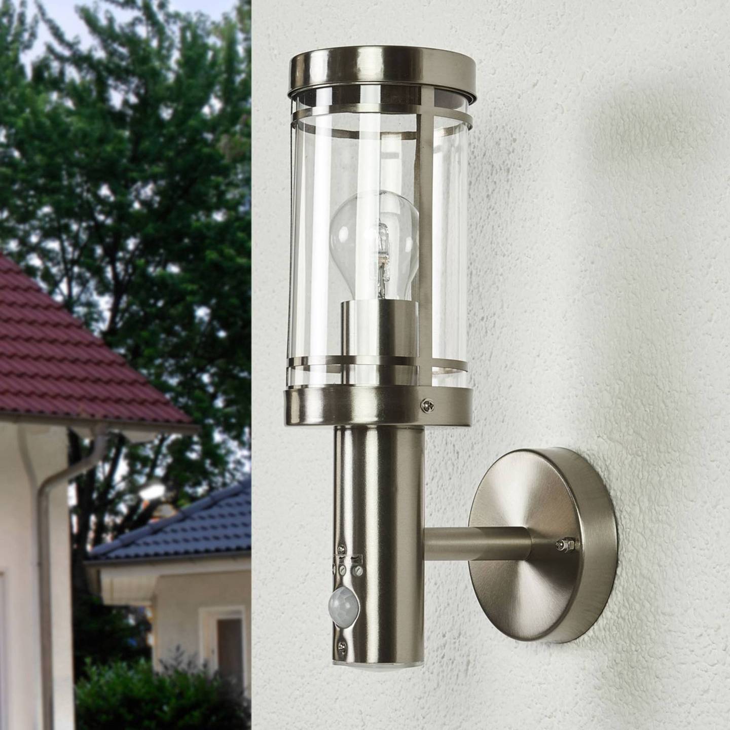 Lindby Außenwandleuchte Djori Außenlampe Lampe Leuchte E27 Edelstahl mit Sensor - 4260649283455
