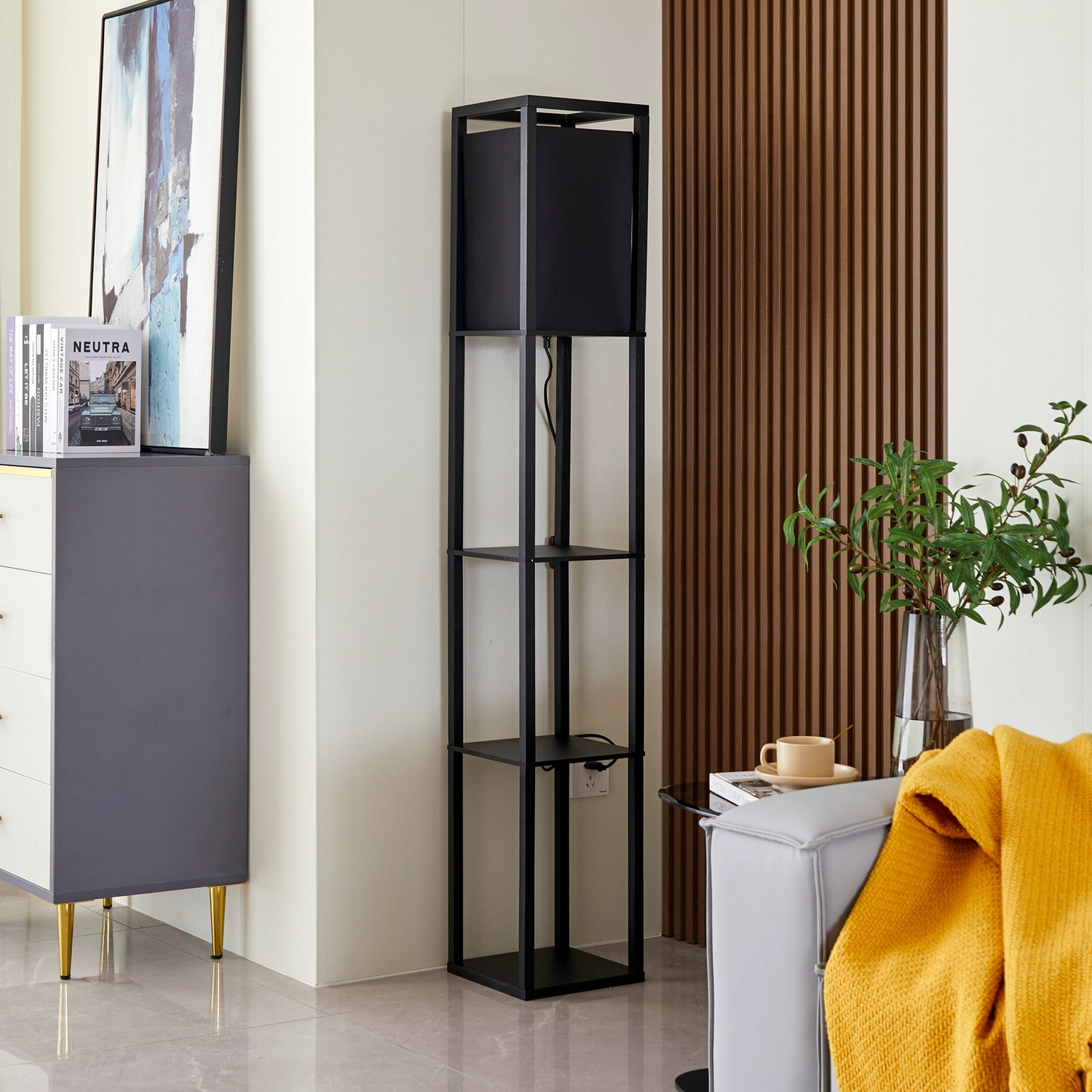 B-Ware Lindby Birta Stehleuchte Stehlampe Mit Ablage Leuchte Holz Schwarz E27 159 Cm - 4251911772807