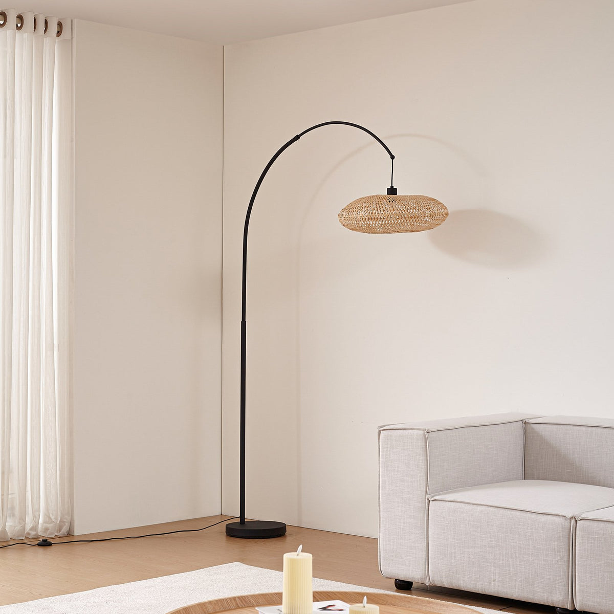 Lindby Bogenleuchte Solvian schwarz/natur Bambus Metall Lampe Leuchte Spot - 4255830904288