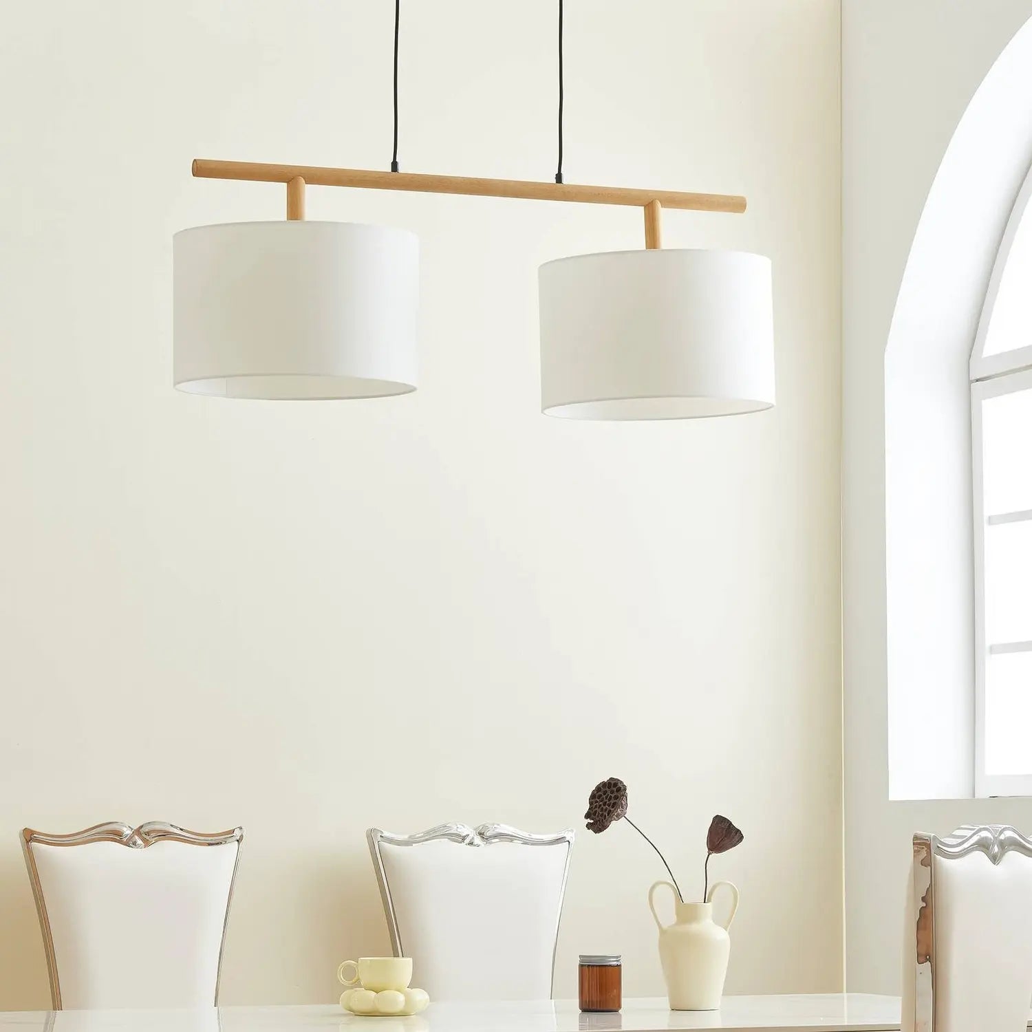 Suspension Lindby Chava de qualité B, plafonnier, luminaire, deux lumières, E27, blanc, bois, 895