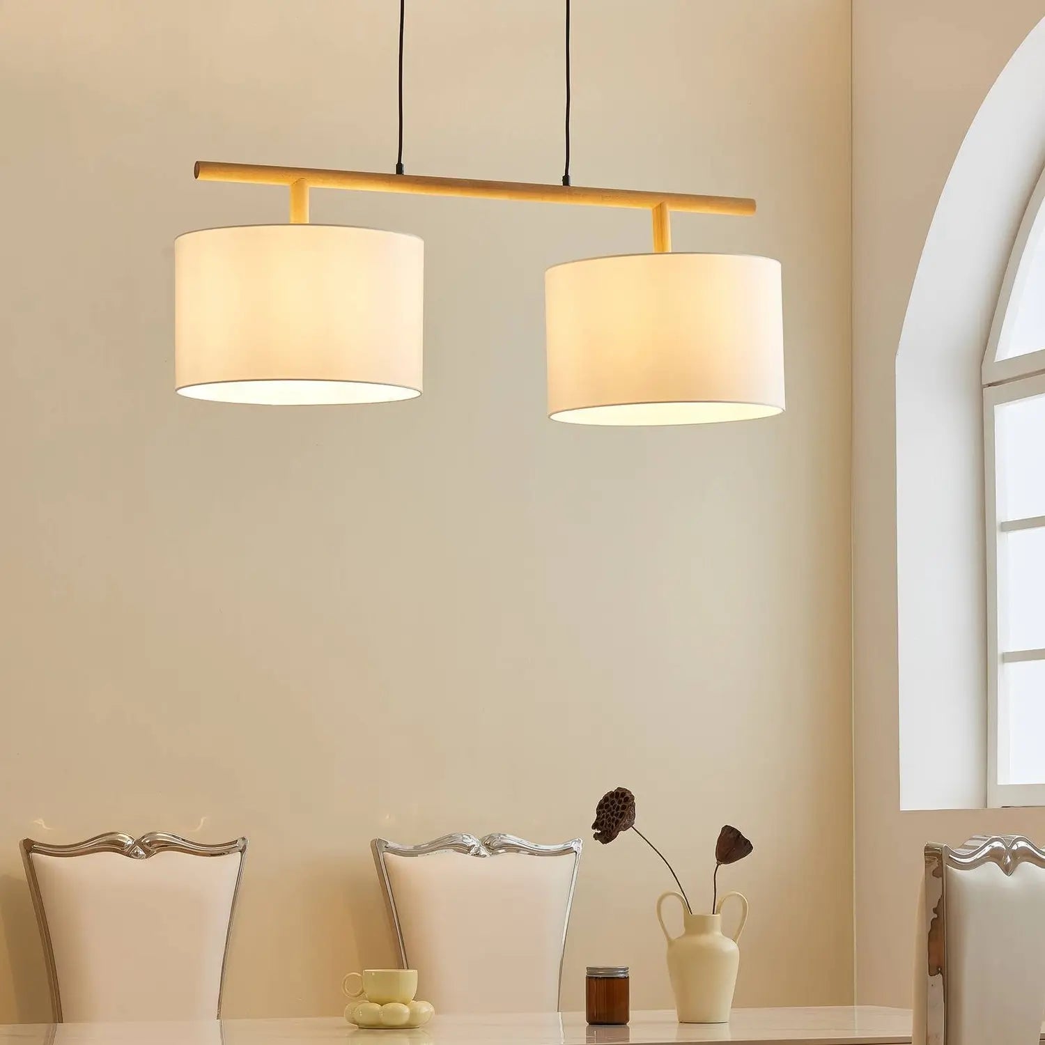 Suspension Lindby Chava de qualité B, plafonnier, luminaire, deux lumières, E27, blanc, bois, 895