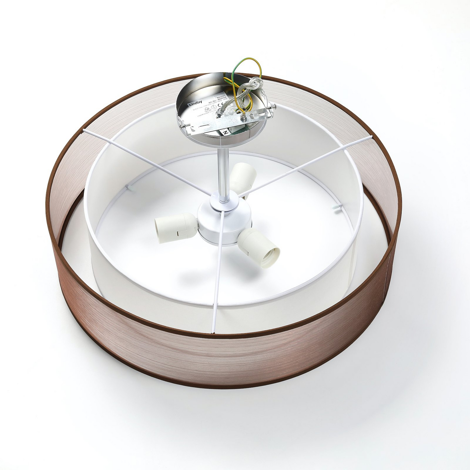 Plafonnier Lindby de catégorie B, lampe Pikka, textile, marron, E27, ø 50 cm, double abat-jour