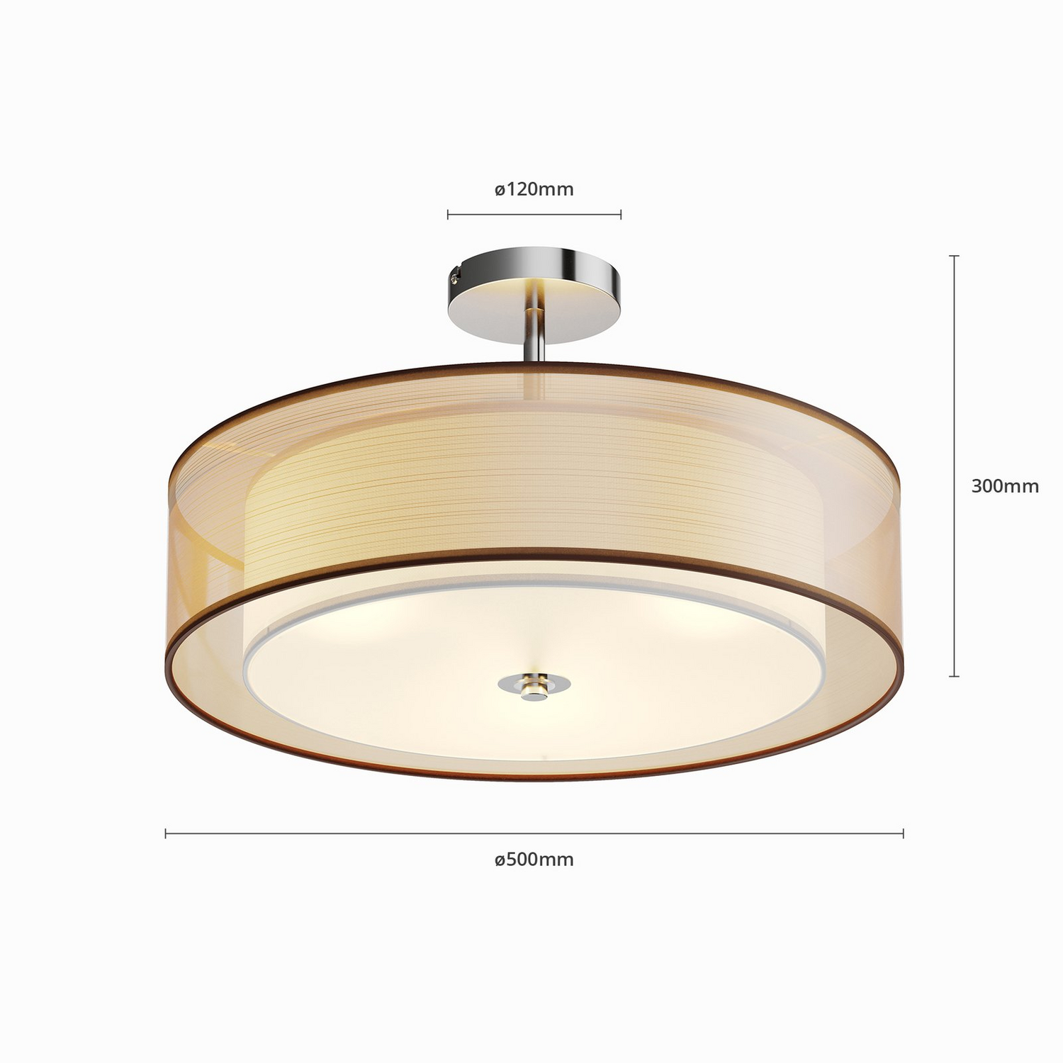 Plafonnier Lindby de catégorie B, lampe Pikka, textile, marron, E27, ø 50 cm, double abat-jour