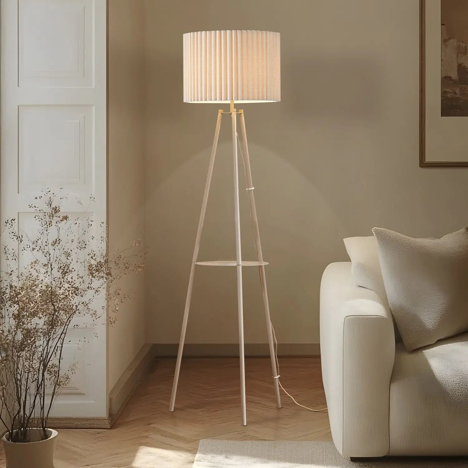 B-Ware Lindby Stehlampe Standlampe Libbie Leinen Cremefarben Dreibein Wohnzimmerlampe