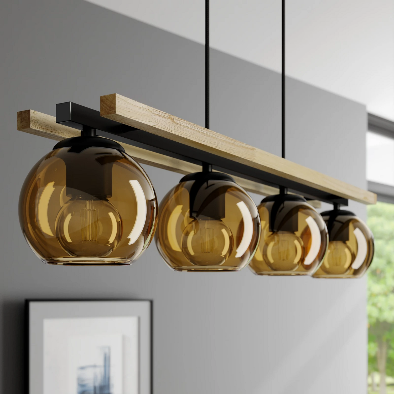 B-Ware Lindby Hängelampe Pendelleuchte Enrique Hängeleuchte Amber 4flg Glas Holz E27 - 9624908