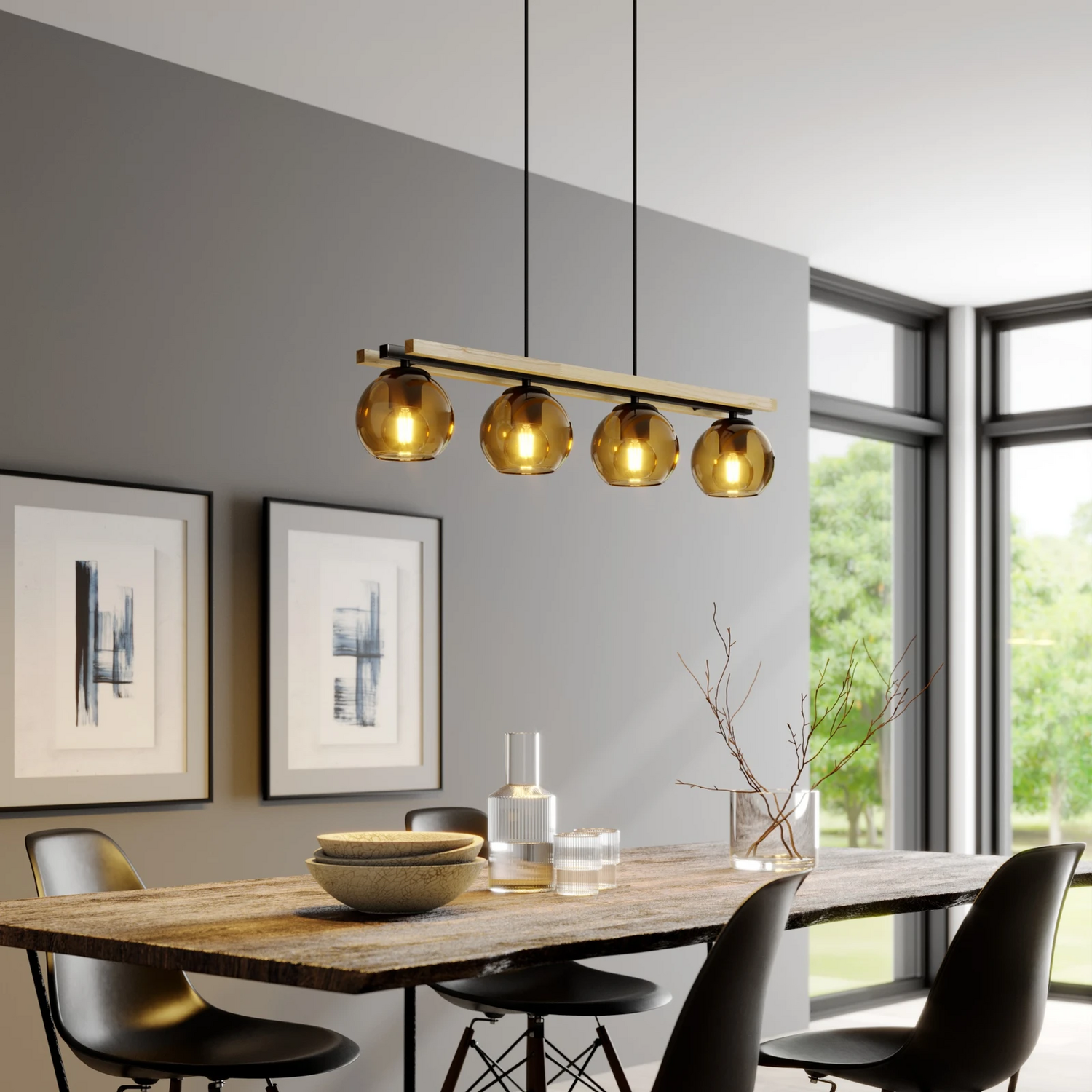 B-Ware Lindby Hängelampe Pendelleuchte Enrique Hängeleuchte Amber 4flg Glas Holz E27 - 9624908