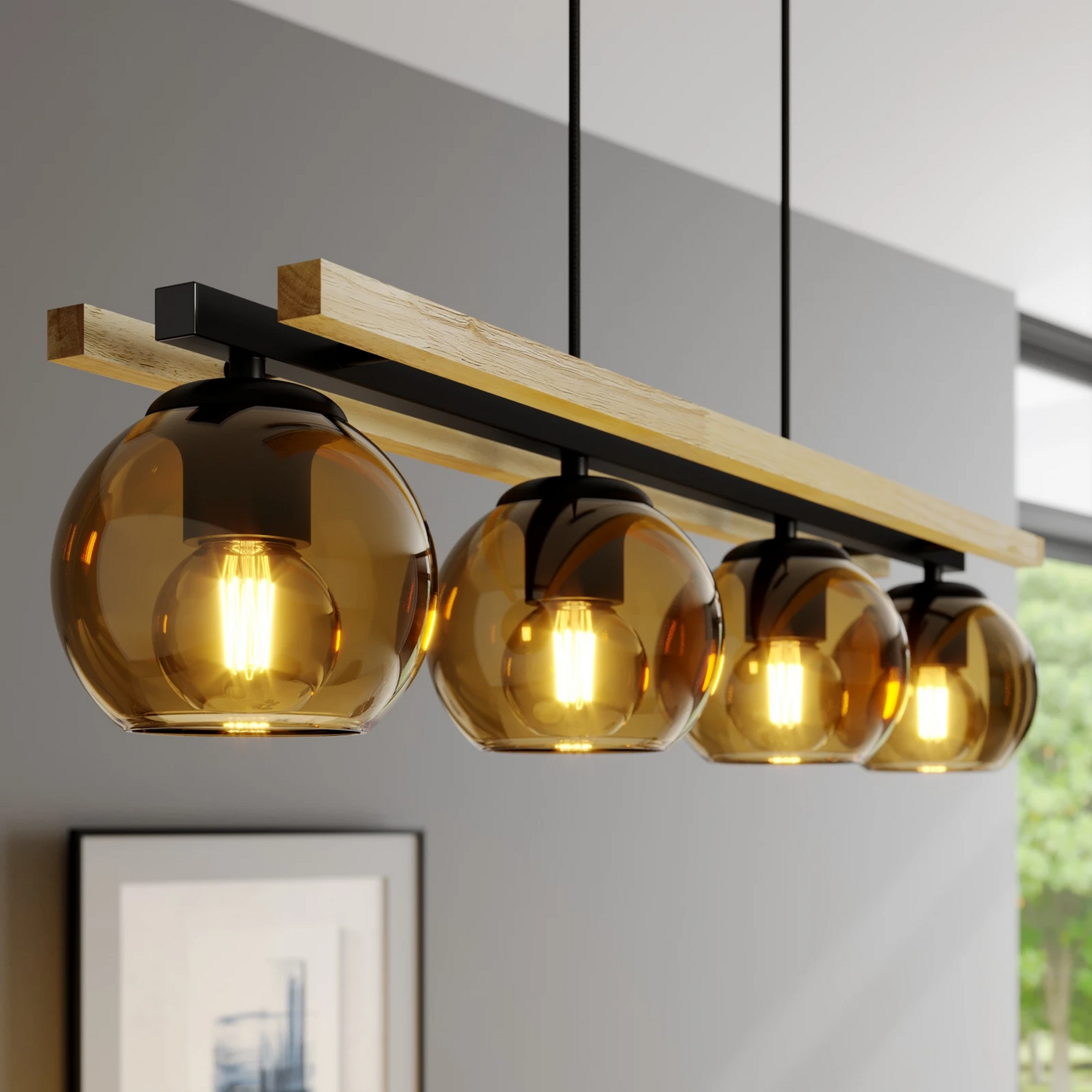 B-Ware Lindby Hängelampe Pendelleuchte Enrique Hängeleuchte Amber 4flg Glas Holz E27 - 9624908