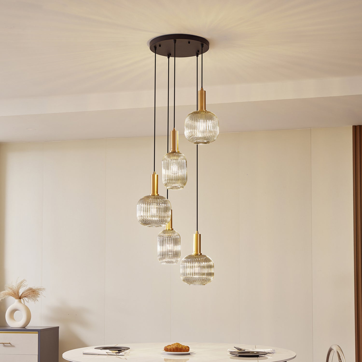B-Ware Lindby Hängeleuchte Pendelleuchte Doroteo 5 Flammig Grau Glas678 - 4251911793000