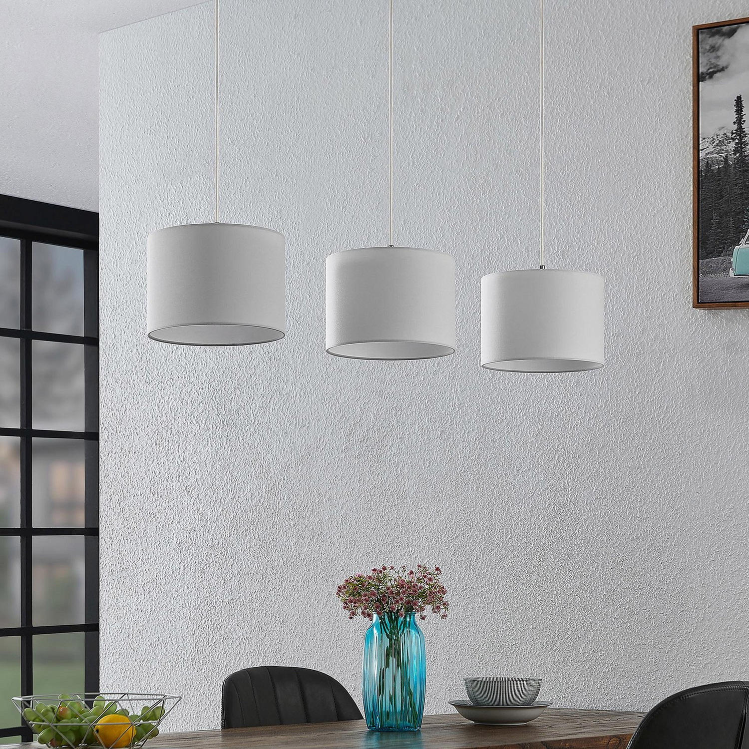 Suspension/plafonnier Lindby de catégorie B/applique Imarin, 3 lumières, textile blanc, 100 cm