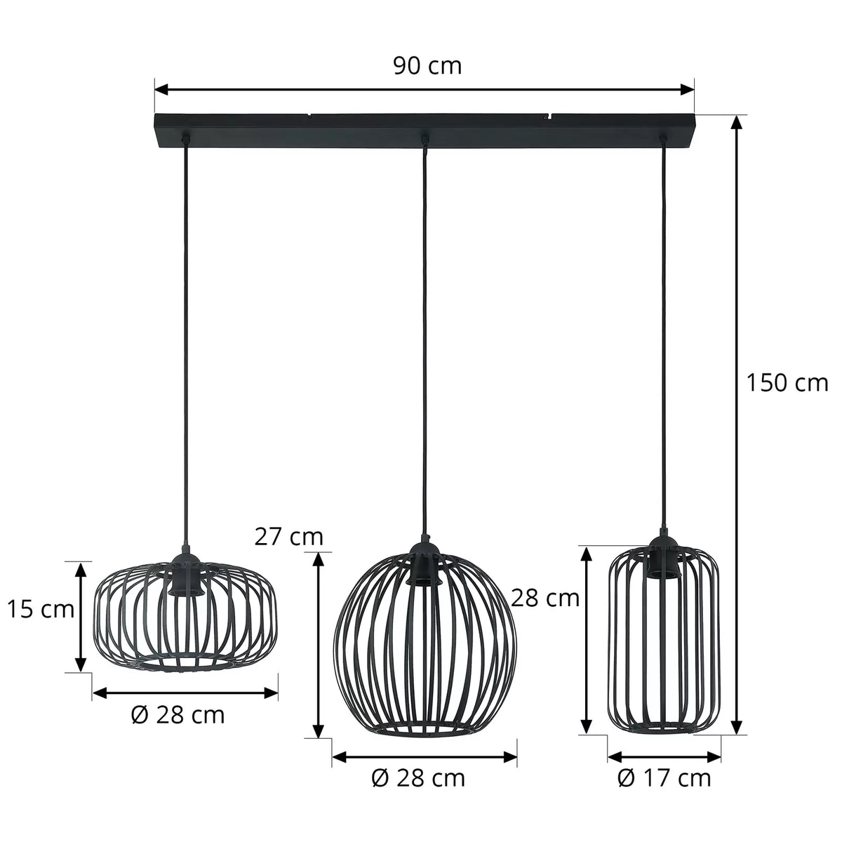 Lindby Krish Pendellampe schwarz Eisen Käfigoptik 3-flammig dimmbar 90 cm - 4251911761832