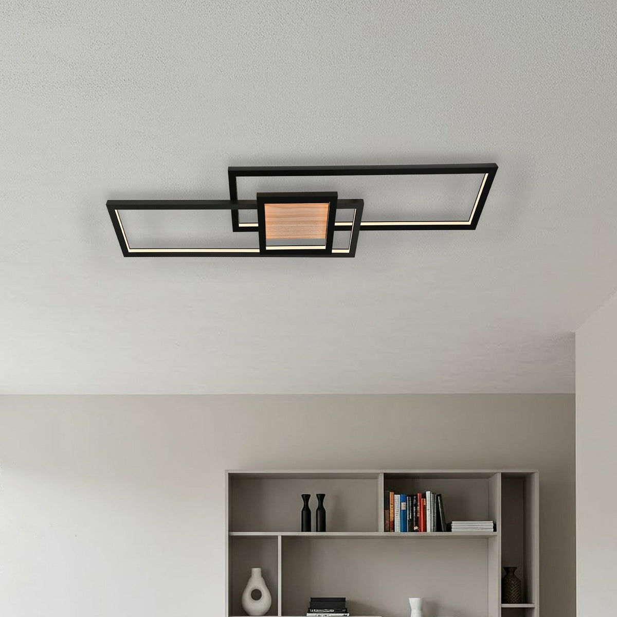 Lindby Deckenleuchte Lampe LED Emiljan schwarz Metall dimmbar Holz Wohnzimmer - 4251911799262