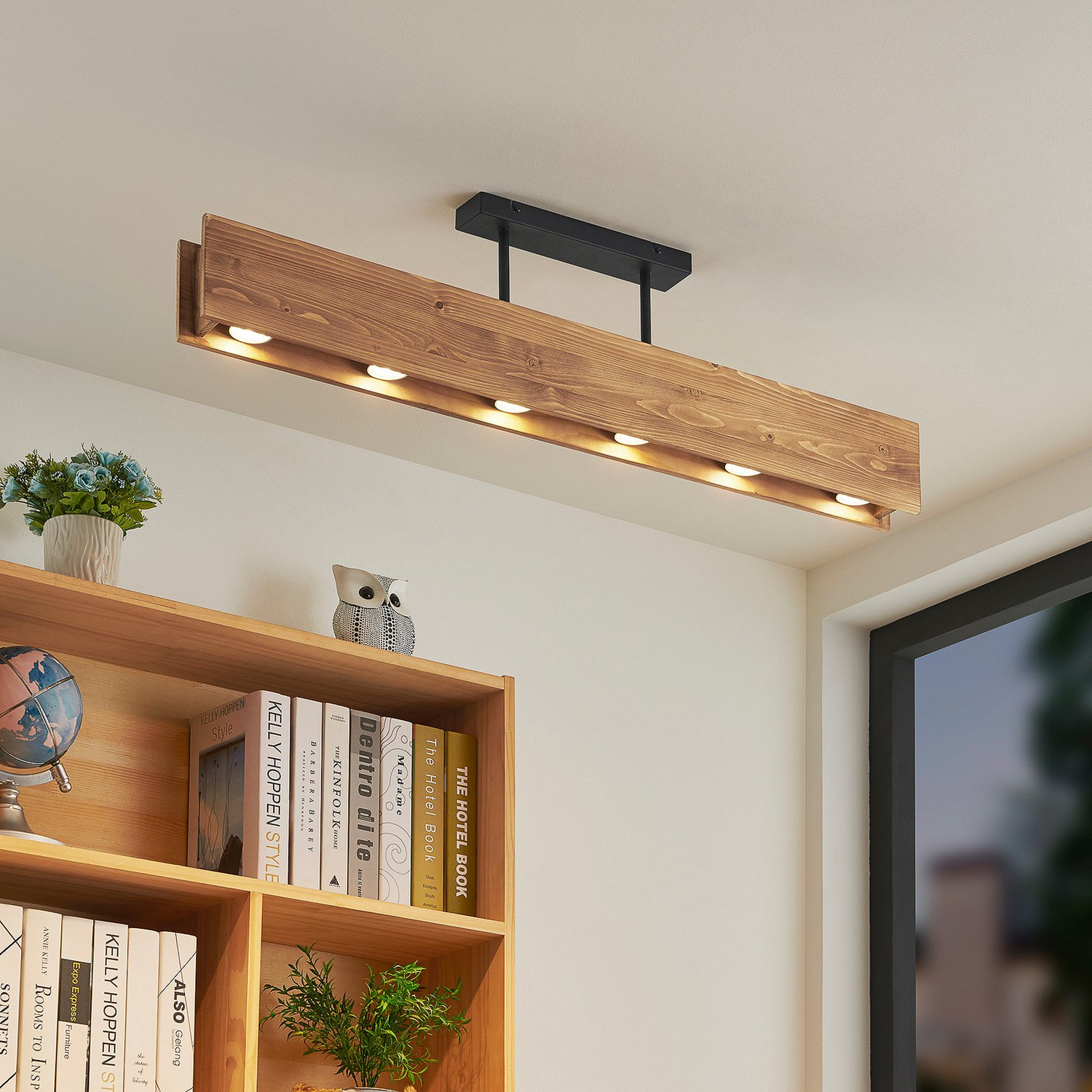 Plafonnier en bois Lindby Malwin de qualité B, long, 6 lumières, GU10