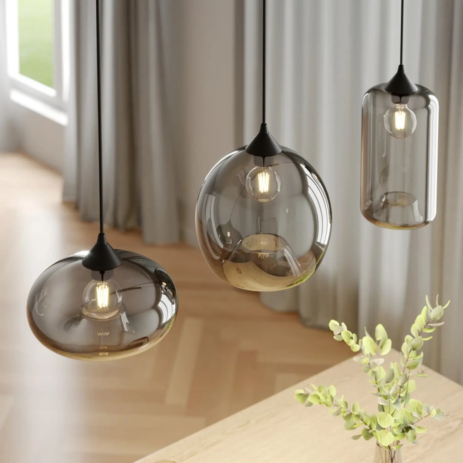 B-Ware Lindby Pendelleuchte Hängeleuchte Marla Glas Rauchgrau Deckenlampe E27 Led Lampe