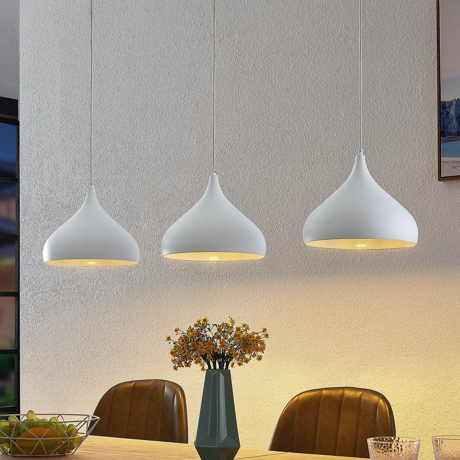 Suspension Lindby Elamira de qualité B, plafonnier, lampe suspendue, 3 ampoules, culot E27, blanc mat
