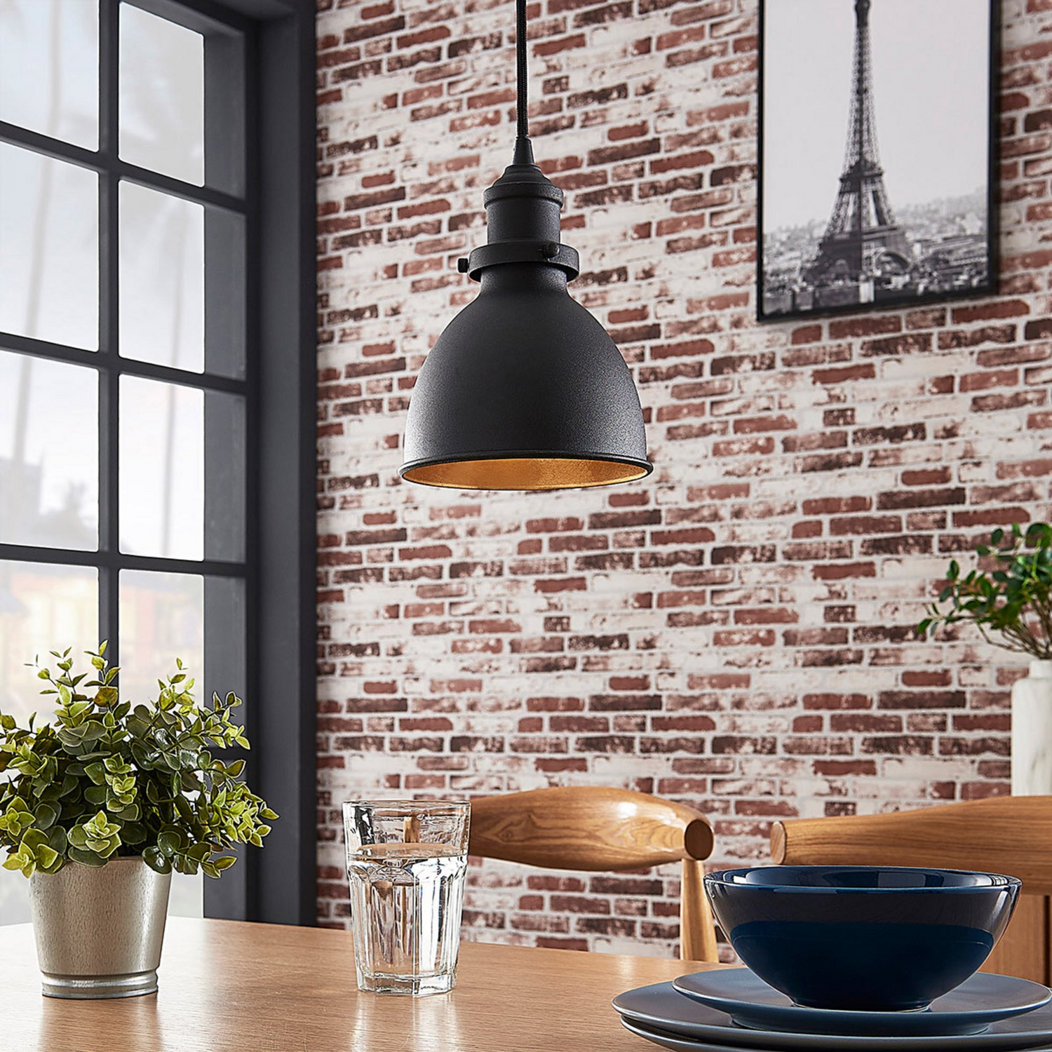 B-Ware Lindby Pendelleuchte Jasminka  Hängeleuchte Deckenlampe Schwarz Gold 1 Flammig