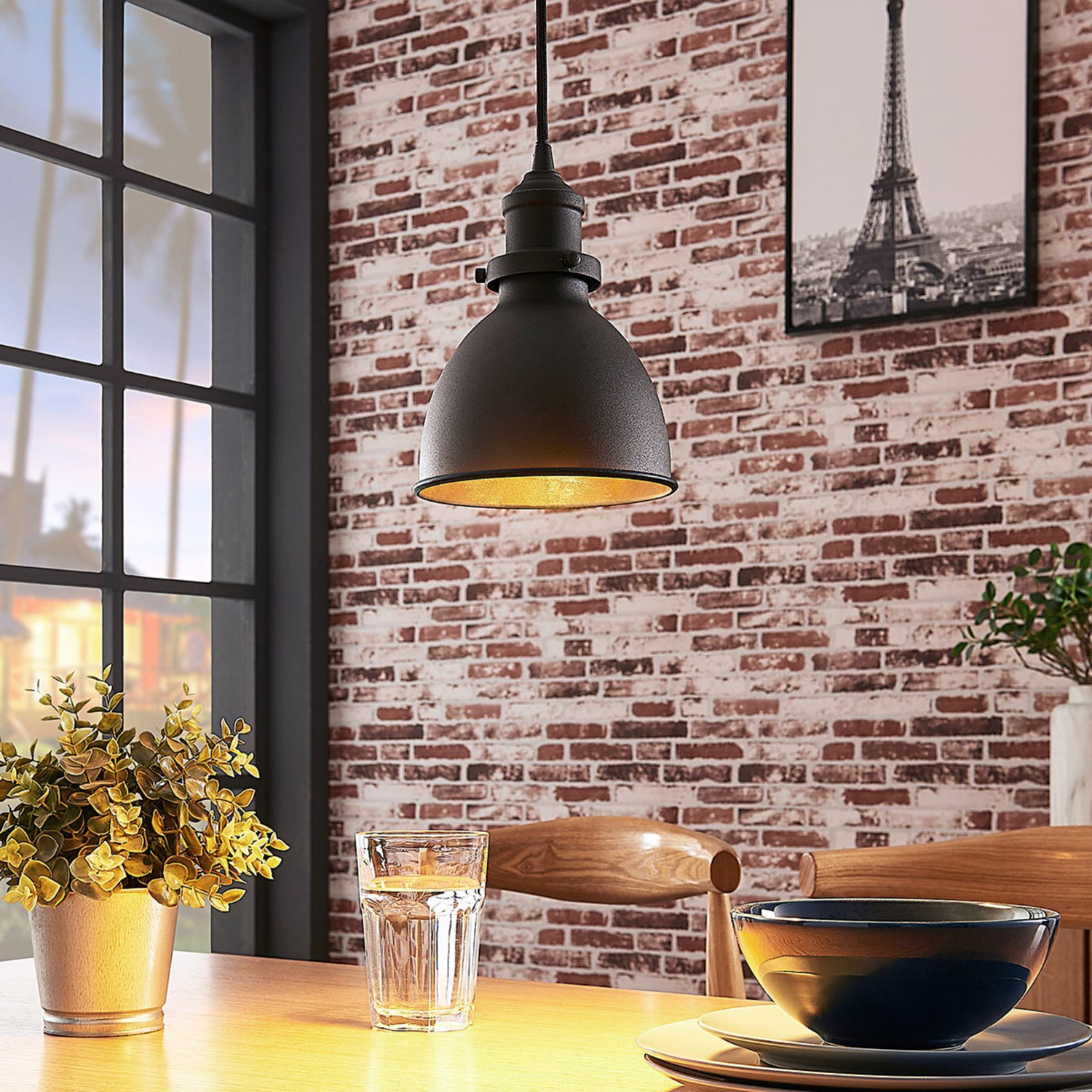 B-Ware Lindby Pendelleuchte Jasminka  Hängeleuchte Deckenlampe Schwarz Gold 1 Flammig