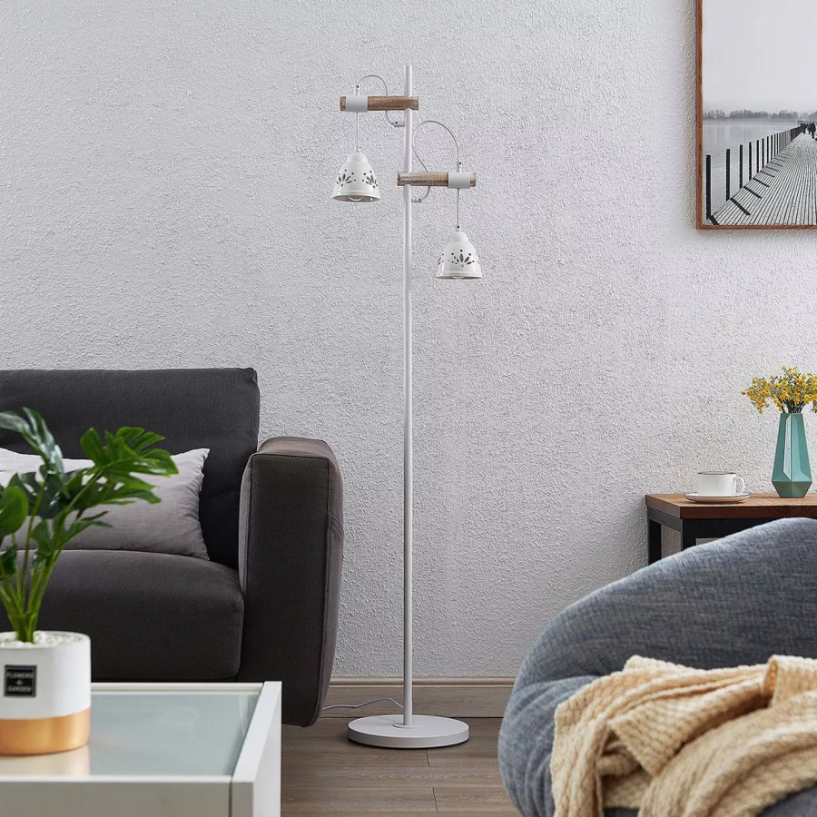 Lindby Pimana Stehlampe Stehleuchte Keramik Weiß Holz Wohnzimmerleuchte B-Ware - 4251911725926