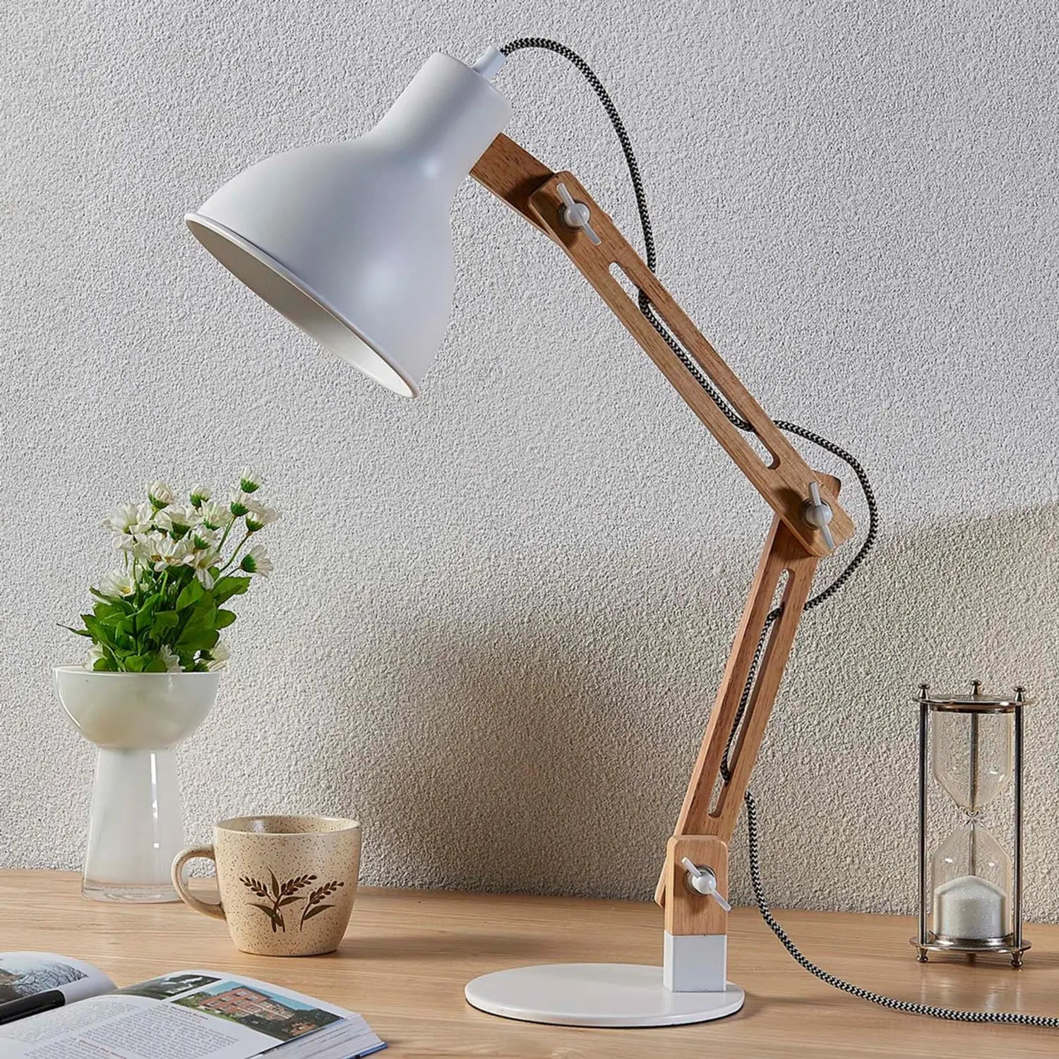 B-Ware Lindby Holz Schreibtischlampe Shivanja Schreibtischleuchte Lampe Weiß Schirm - 4251096528336