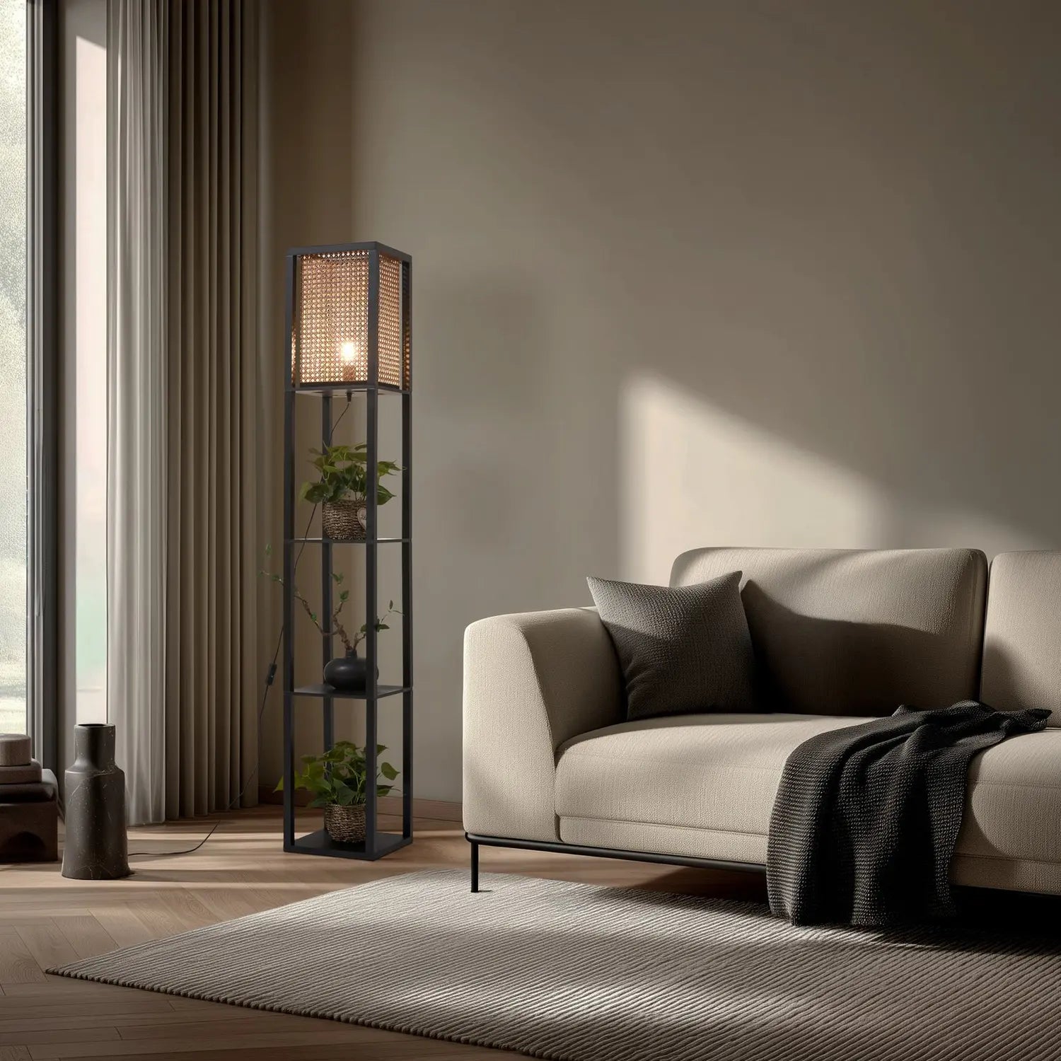 B-Ware Lindby Stehleuchte Regal Lampe Rattan Schwarz Beige Kiefernholz E27 159cm896