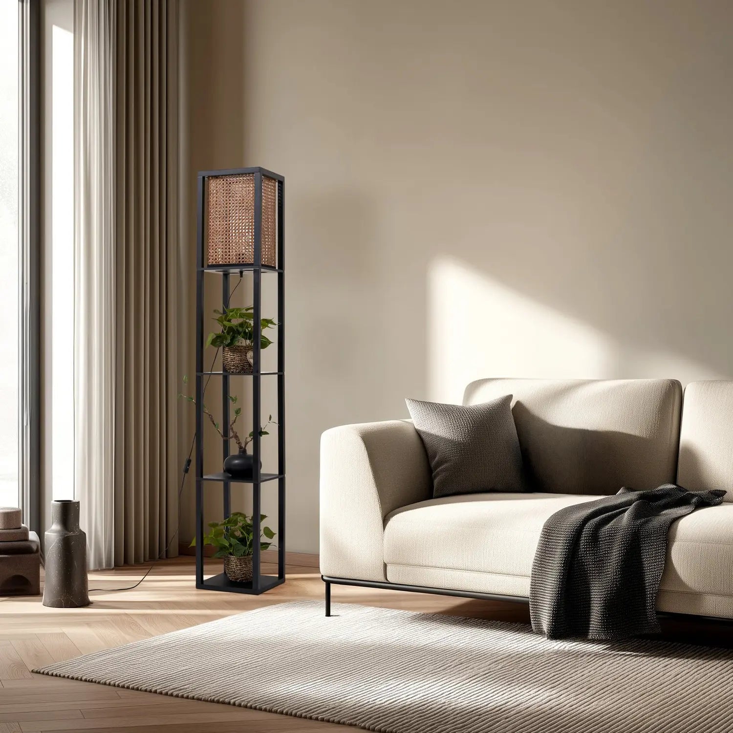 B-Ware Lindby Stehleuchte Regal Lampe Rattan Schwarz Beige Kiefernholz E27 159cm896