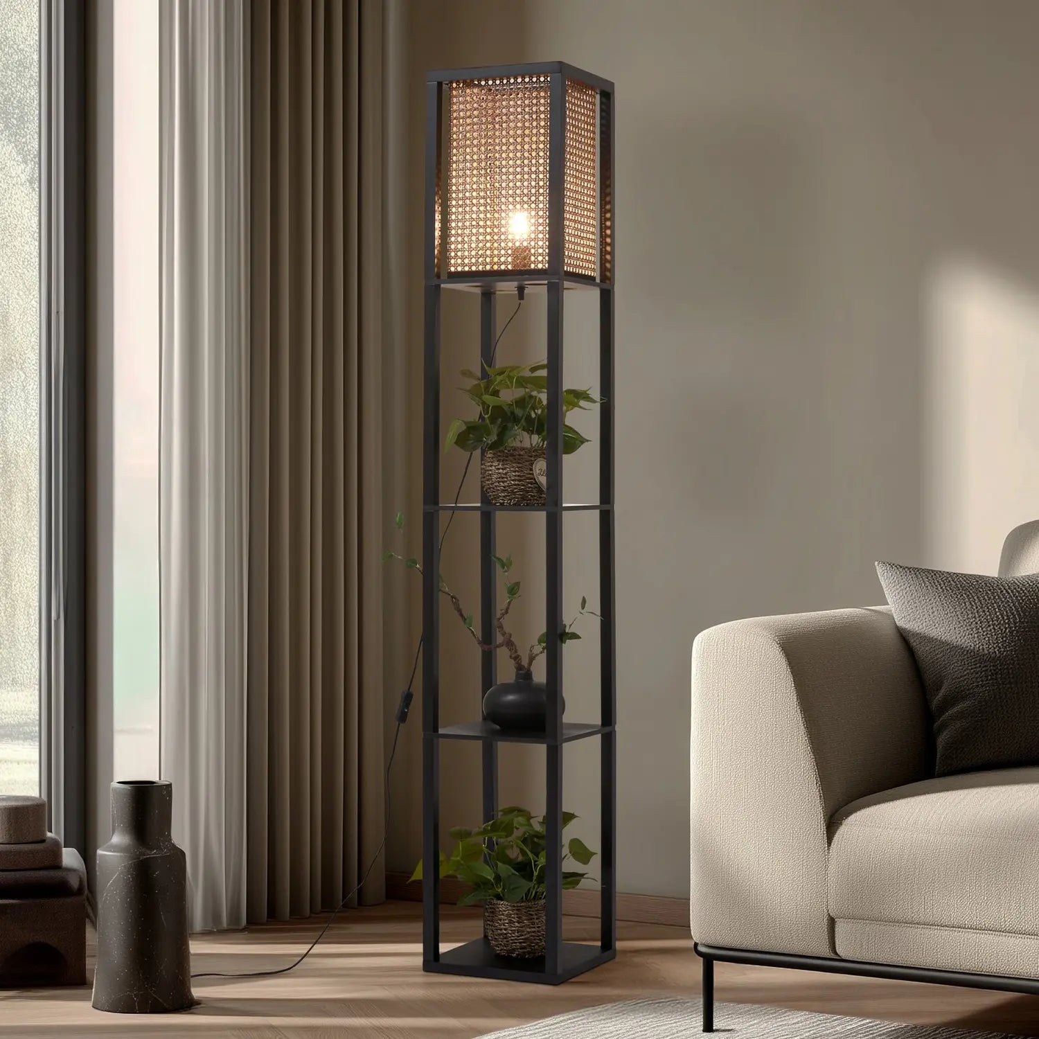 B-Ware Lindby Stehleuchte Regal Lampe Rattan Schwarz Beige Kiefernholz E27 159cm896