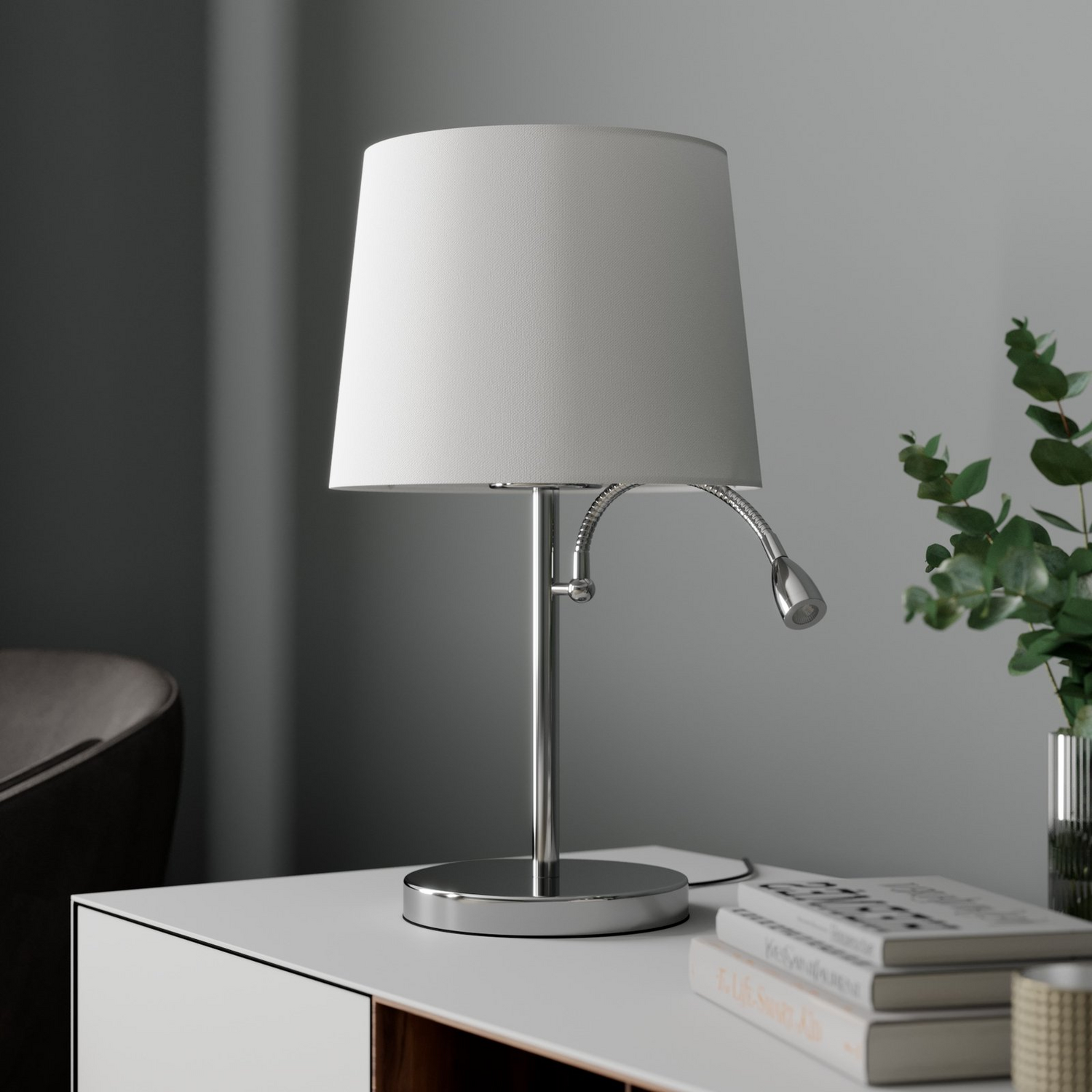 Lampe de table en tissu Lindby de qualité B, lampe de table Benjiro, lampe de lecture LED E27, chrome blanc 412 
