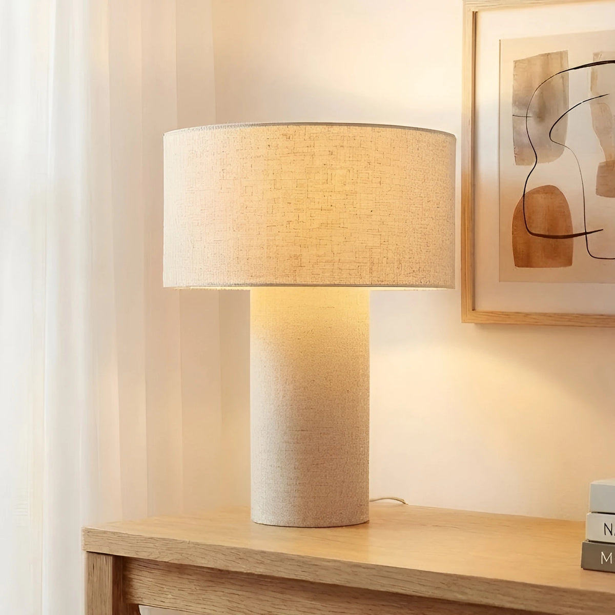 Lindby Tischleuchte Tischlampe Elfie Leuchte Beige Leinen Schalter E27 LED Lampe - 4255830906497