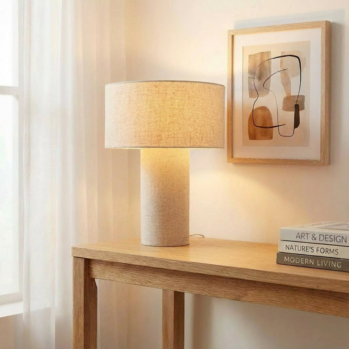 Lindby Tischleuchte Tischlampe Elfie Leuchte Beige Leinen Schalter E27 LED Lampe - 4255830906497