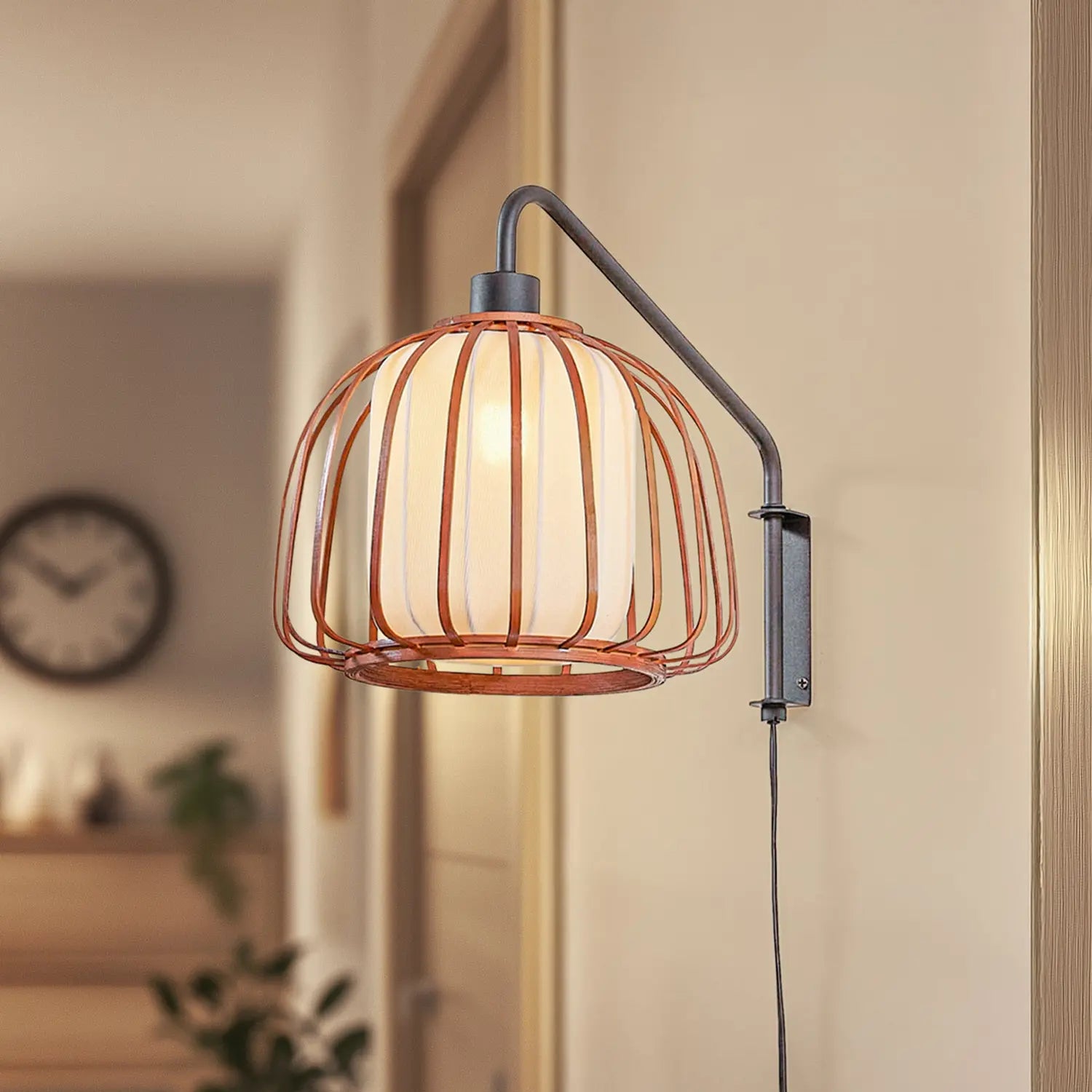B-Ware Lindby Wandleuchte Wandlampe Davella Bambus Textil Schwarz Holz E14 Led ø 26 Cm - 4255830903458