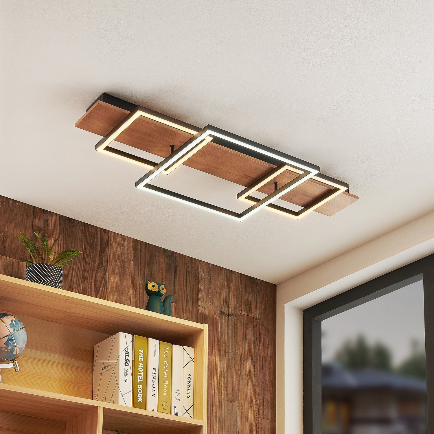 Plafonnier LED Lucande Chariska de qualité B, en bois noir, 95 cm 
