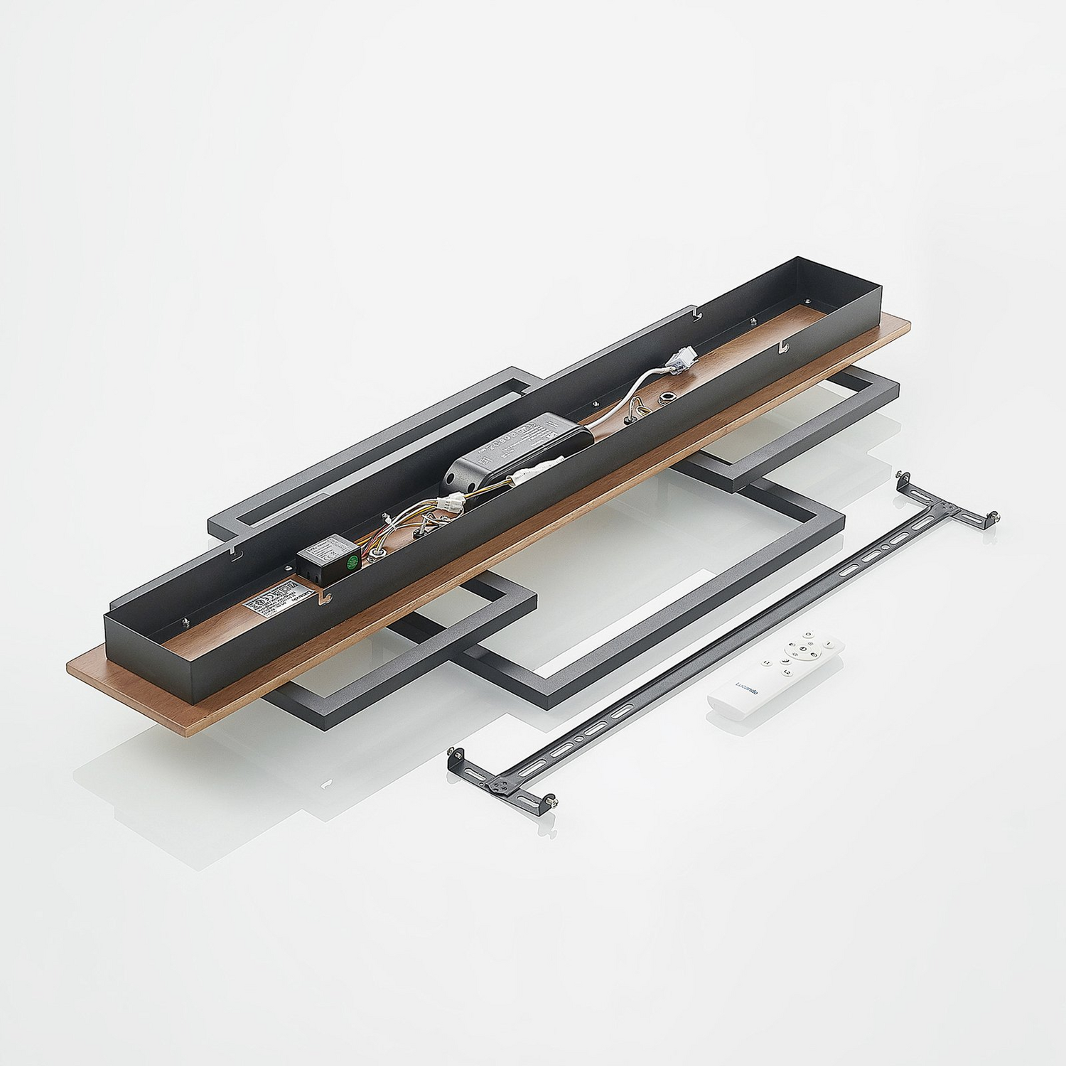 Plafonnier LED Lucande Chariska de qualité B, en bois noir, 95 cm 