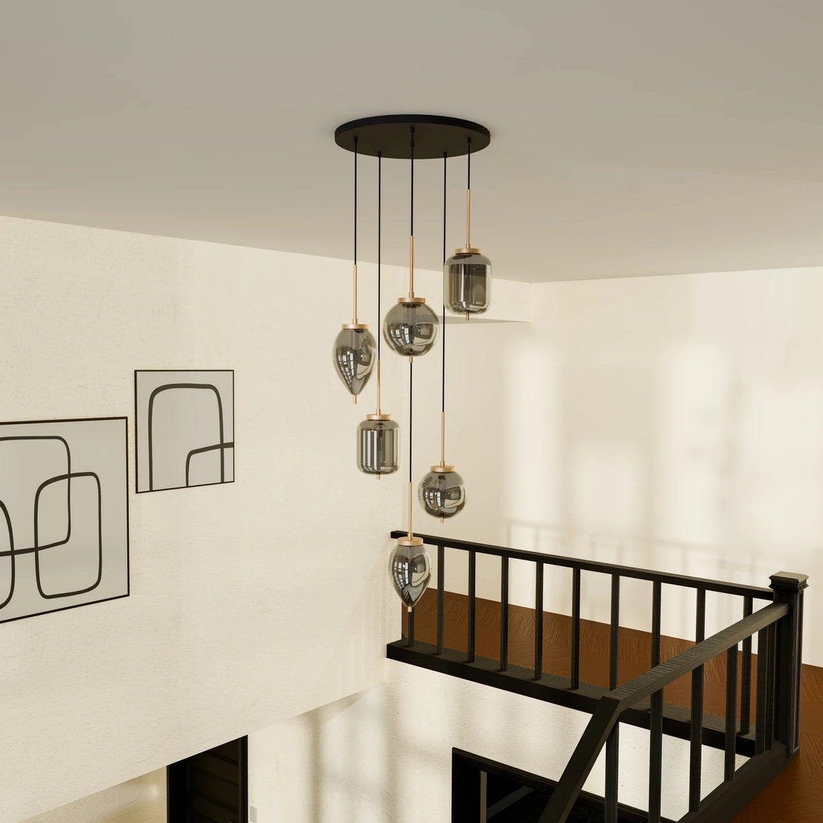 Lucande Hängeleuchte Pendelleuchte Elani Glas schwarz gold E14 LED 6-flammig - 4255830906374