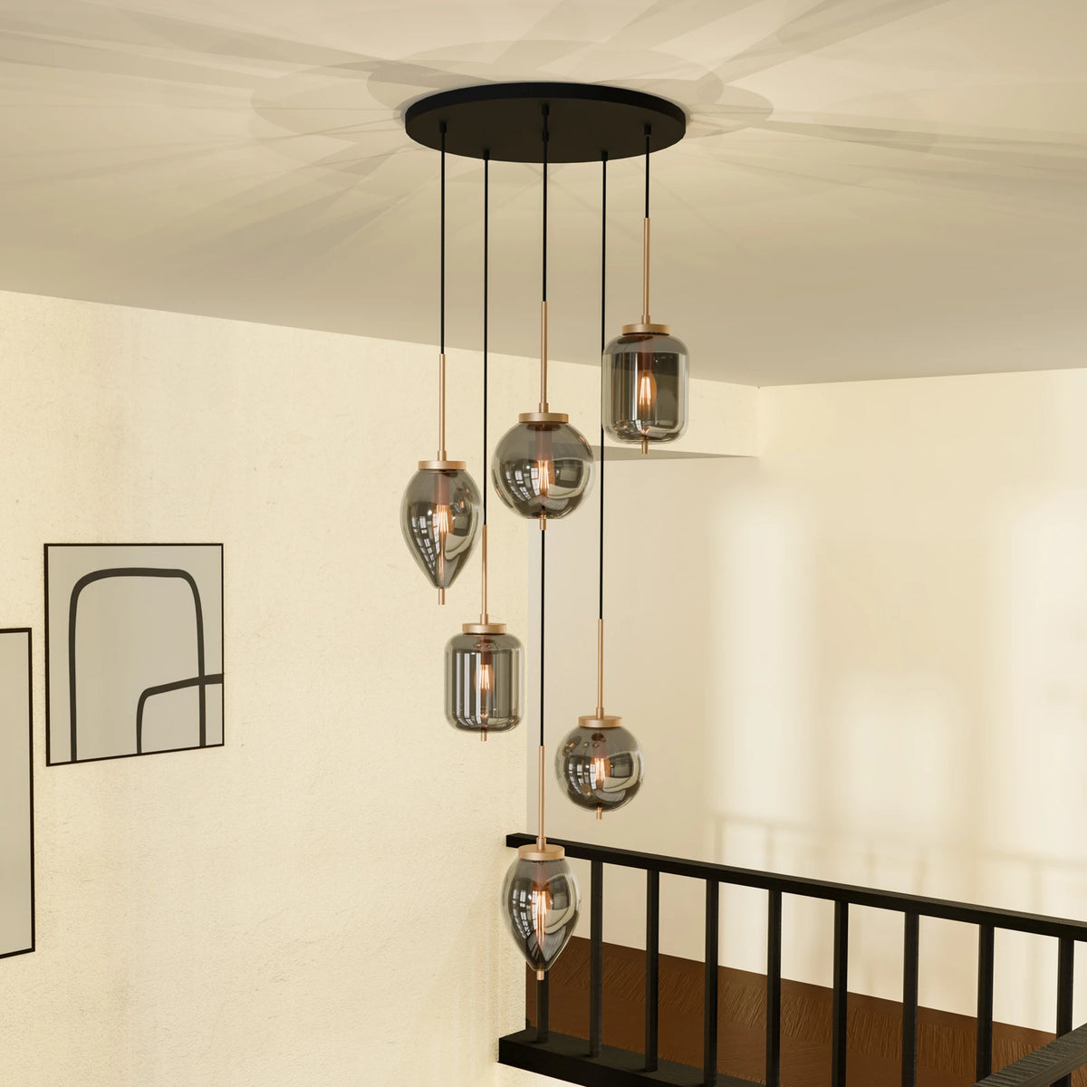 Lucande Hängeleuchte Pendelleuchte Elani Glas schwarz gold E14 LED 6-flammig - 4255830906374