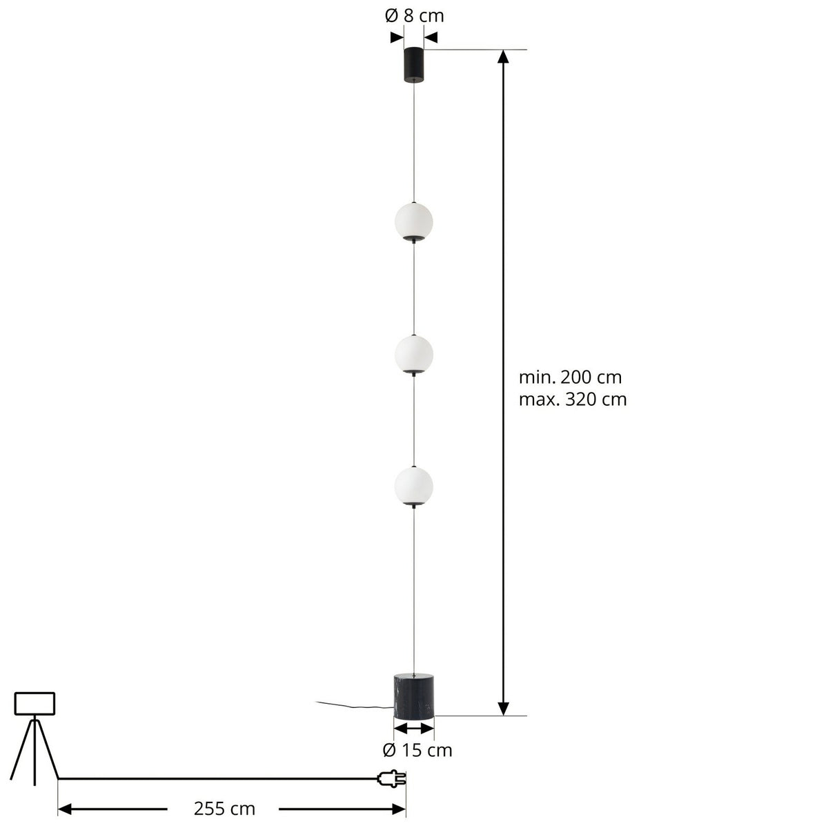 Lucande Stehleuchte Darrow LED dimmbar Touchdimmer Lampe schwarz/opal 320cm - 4255830903885