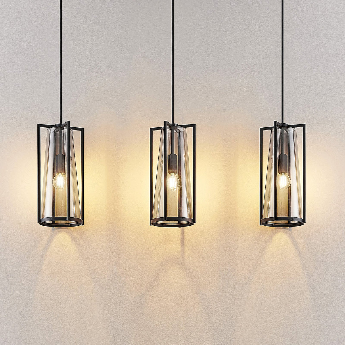 Lucande Pendelleuchte LED Hängelampe Rufina 3-flg länglich Rauchglas schwarz - 4251911725407