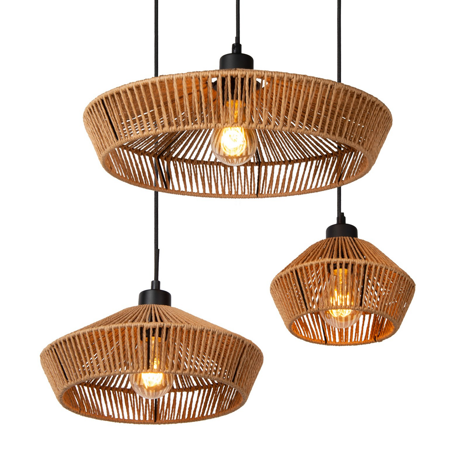 Suspension Lucide, lampe Yunkai en papier, trois ampoules, crème et noir, produit de seconde main.