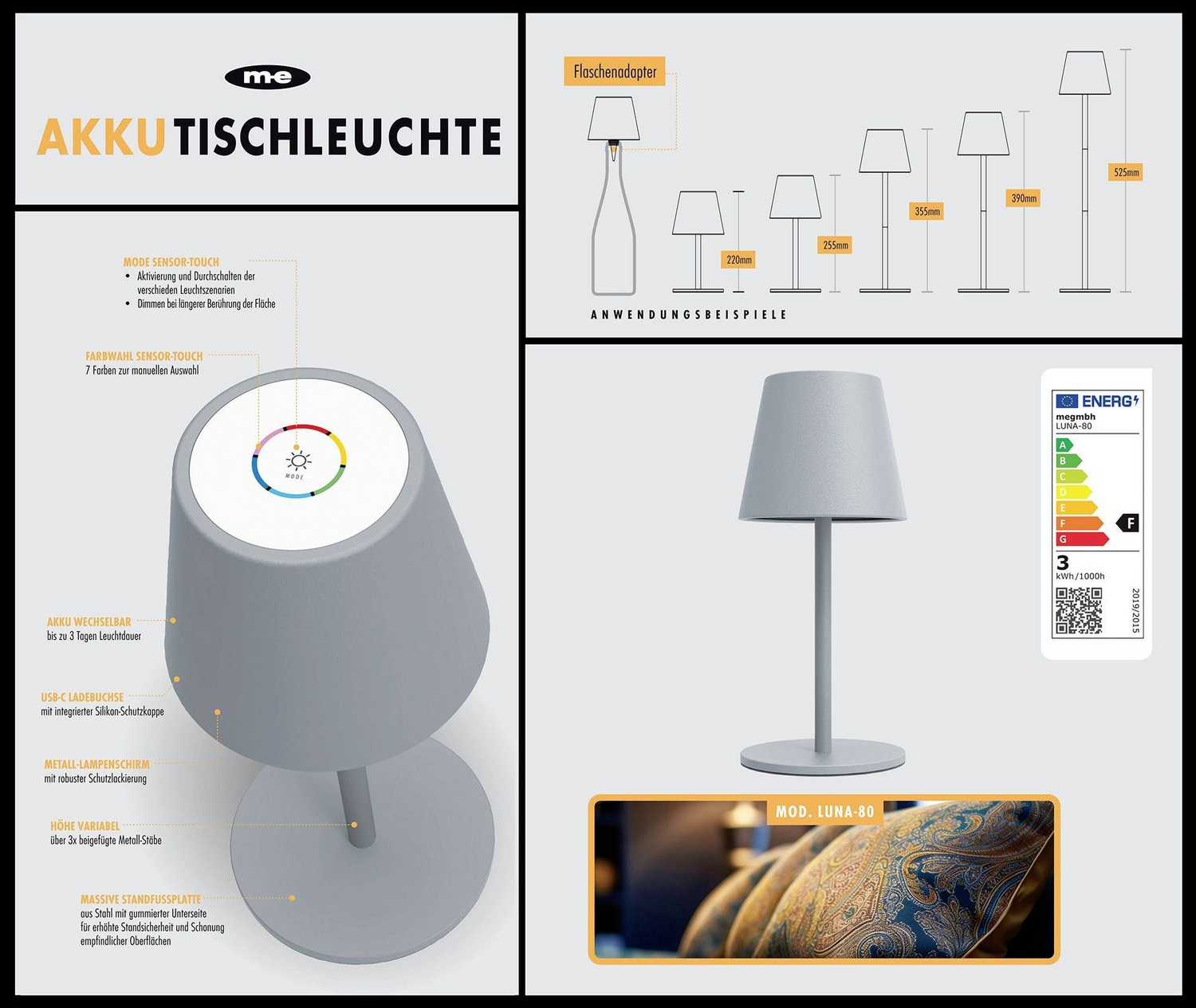 B-Ware M E Modern Electronics Luna 80 G 41435 Akku Tischlampe Led  Fest Eingebaut La881 - 4250109135530