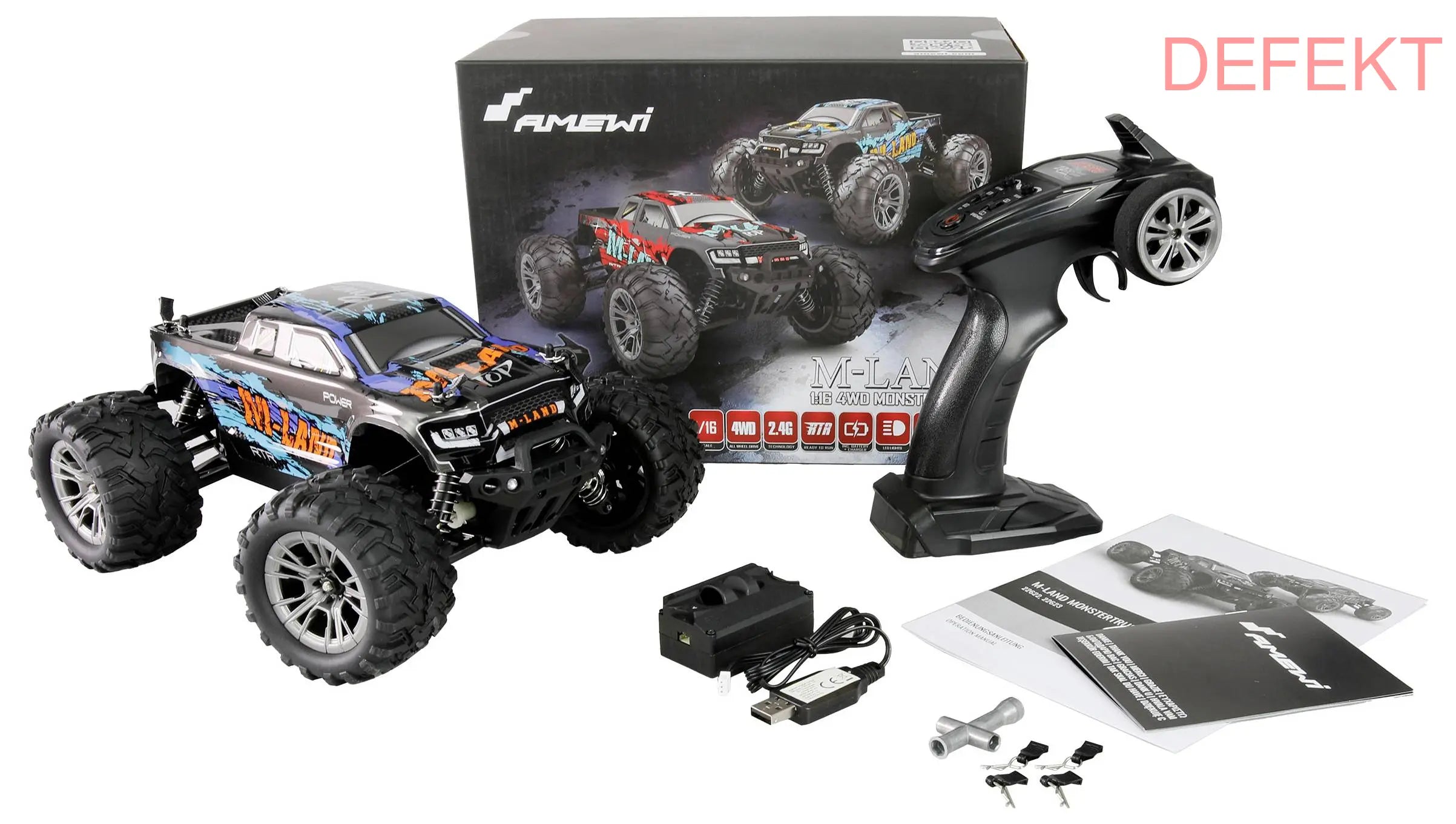 D-Ware Amewi M Land Blau Brushed 1:16 Rc Modellauto Elektro Monstertruck Defektware - 4260768517301