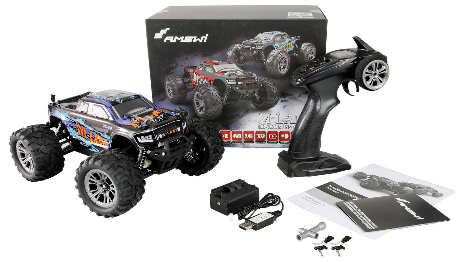 B-Ware Amewi M Land Blau Brushed 1:16 Rc Einsteiger Modellauto Elektro Monstertruck - 4260768517301